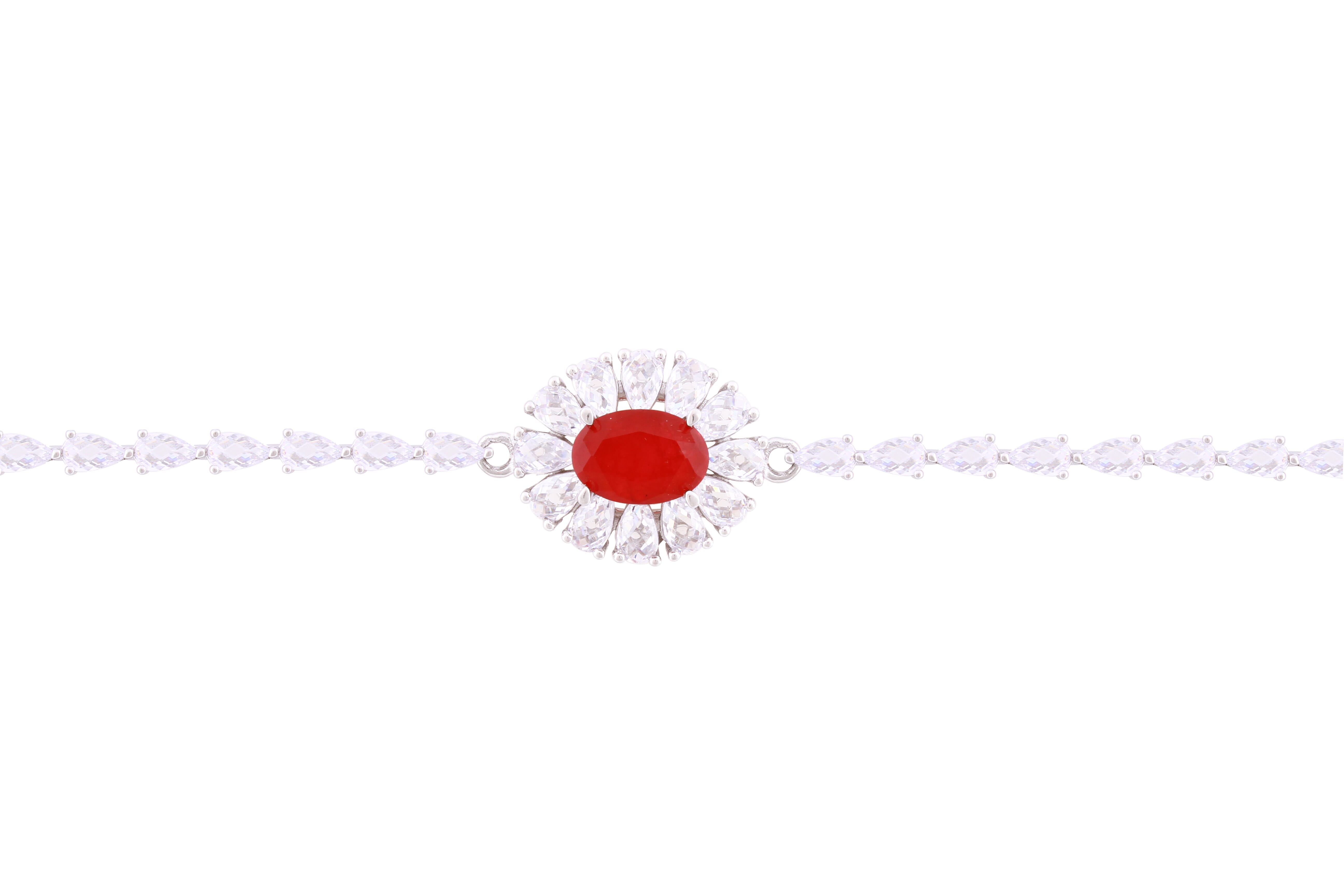 Asfour Crystal Tennis Bracelet With Pear & Ruby Oval Zircon In 925 Sterlign Silver