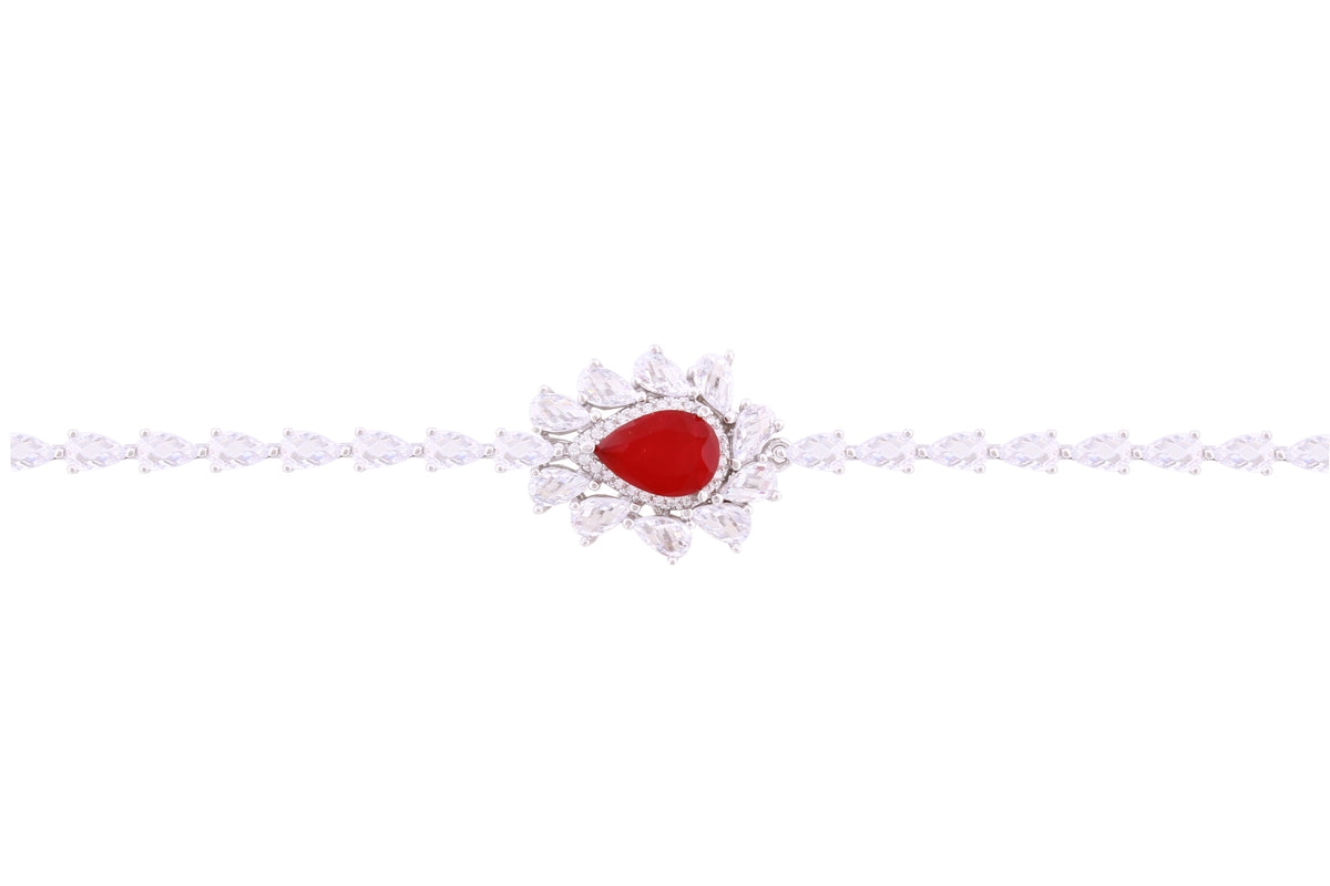 Asfour Crystal Tennis Bracelet With Fuchsia Pear Design In 925 Sterling Silver