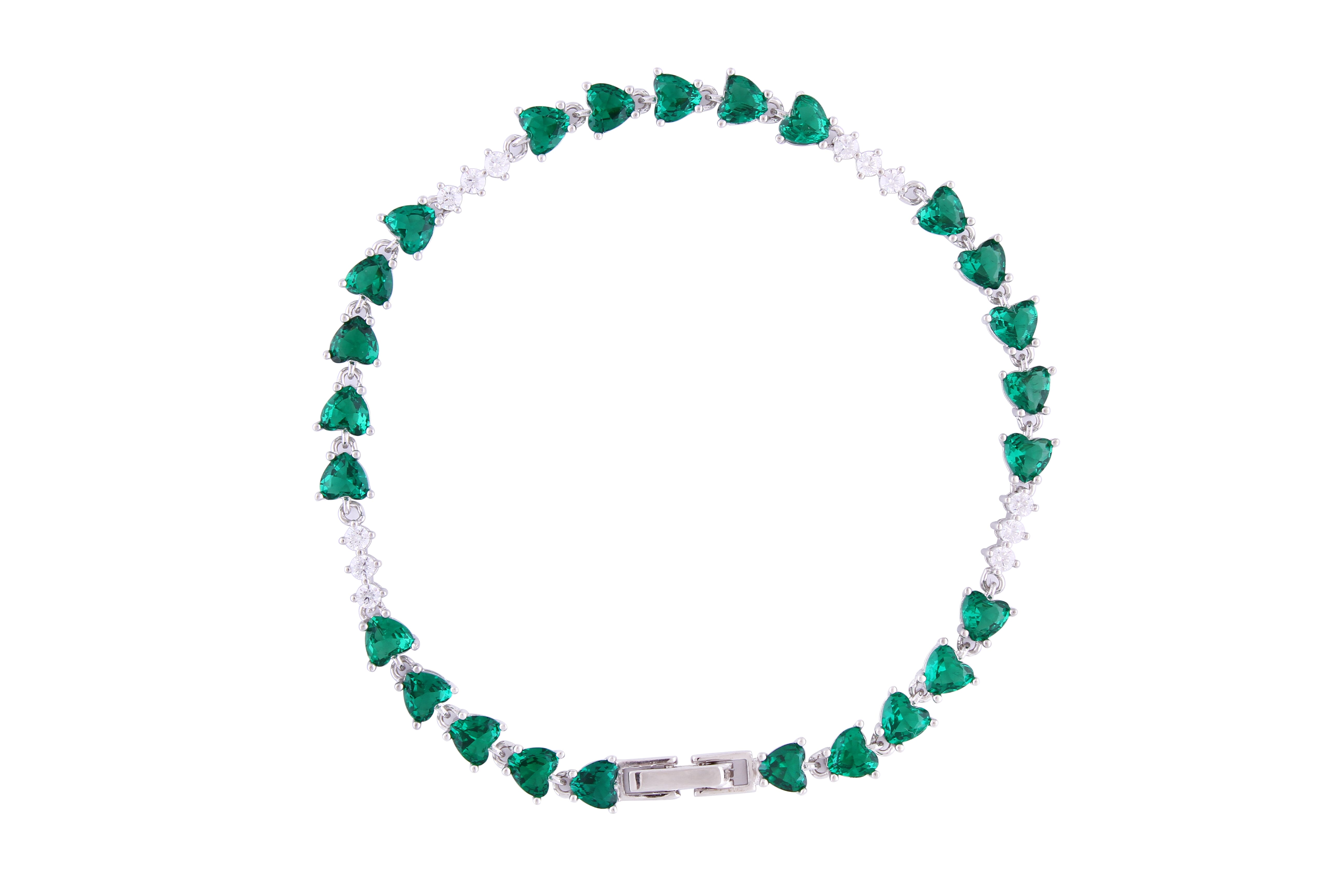 Asfour Crystal Tennis Bracelet With Emerald Heart Cut Zircon Stones In 925 Sterling Silver