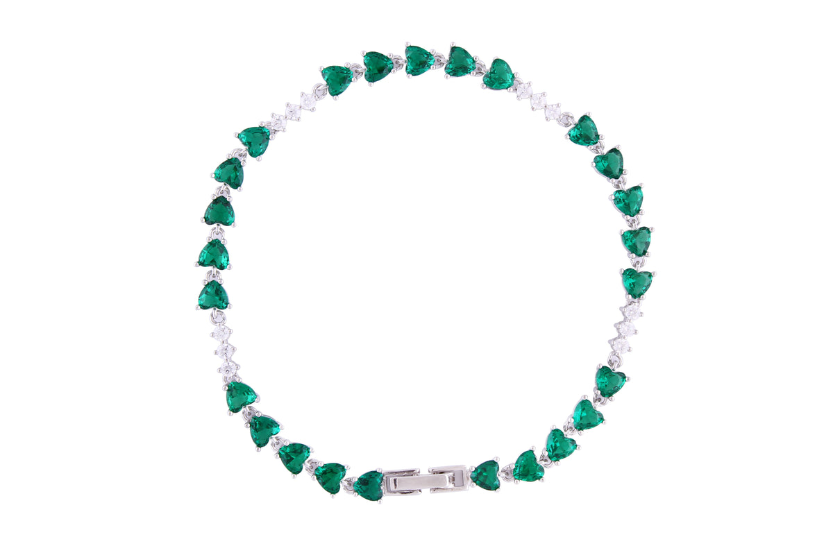 Asfour Crystal Tennis Bracelet With Emerald Heart Cut Zircon Stones In 925 Sterling Silver