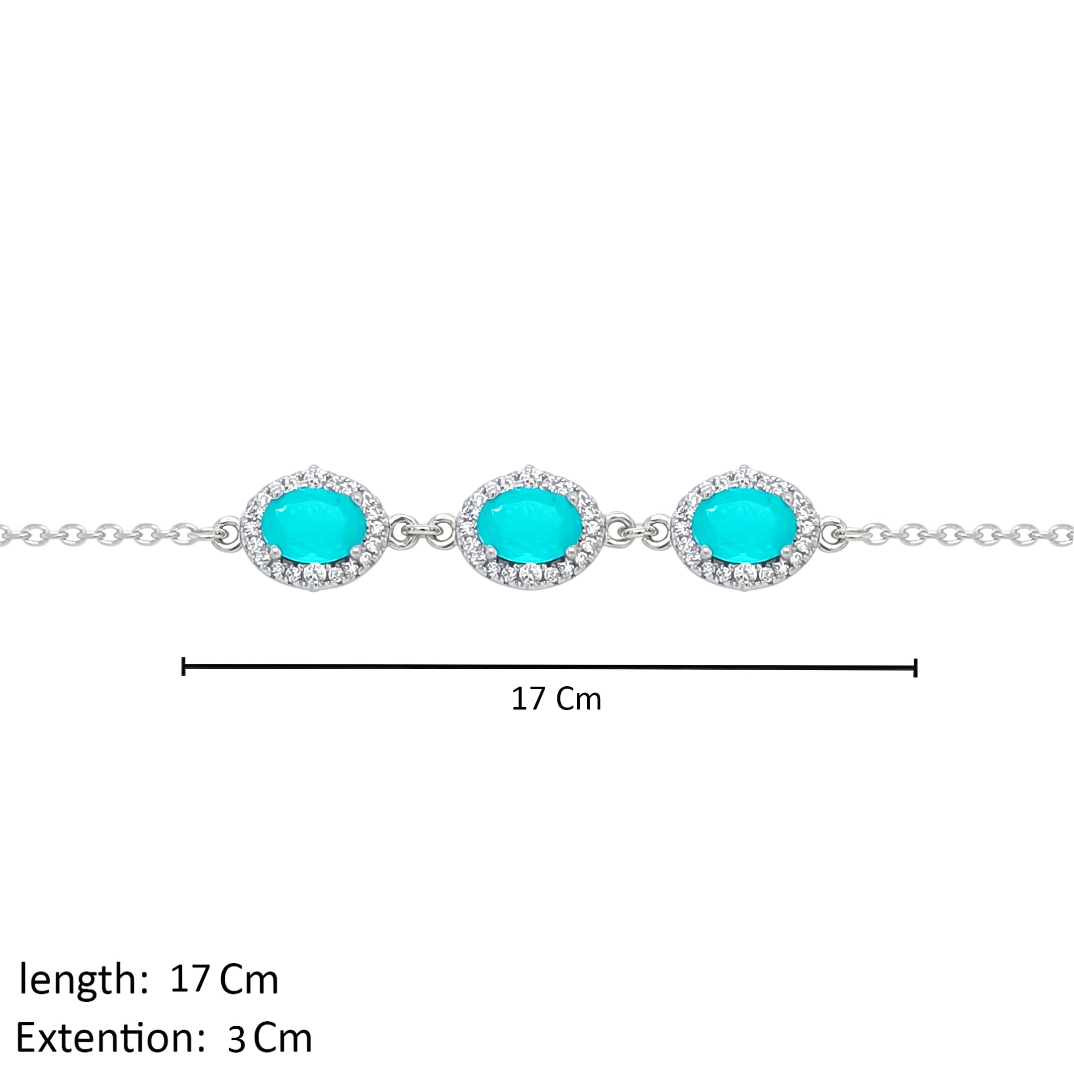 Asfour Crystal  Chain Bracelet With Three Turquoise Oval Design In 925 Sterling Silver-BD0174-GC