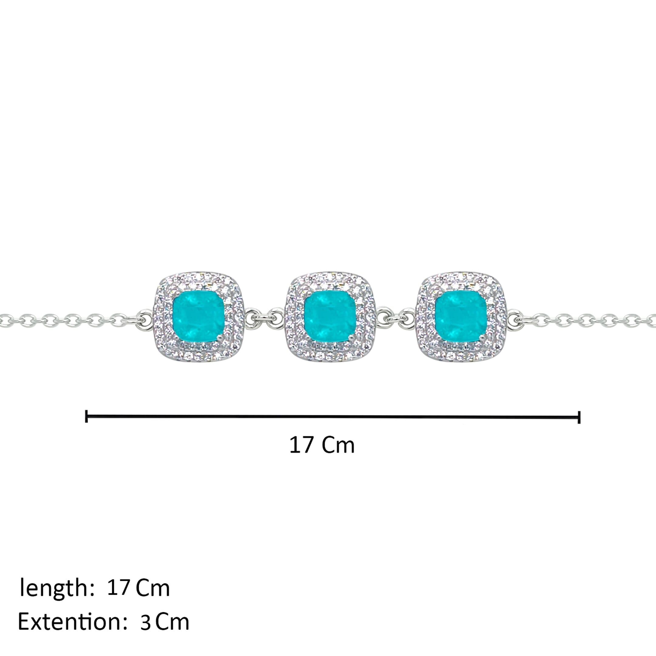 Asfour Crystal  Chain Bracelet With Turquoise Three Sqaure Design In 925 Sterling Silver-BD0176-GC