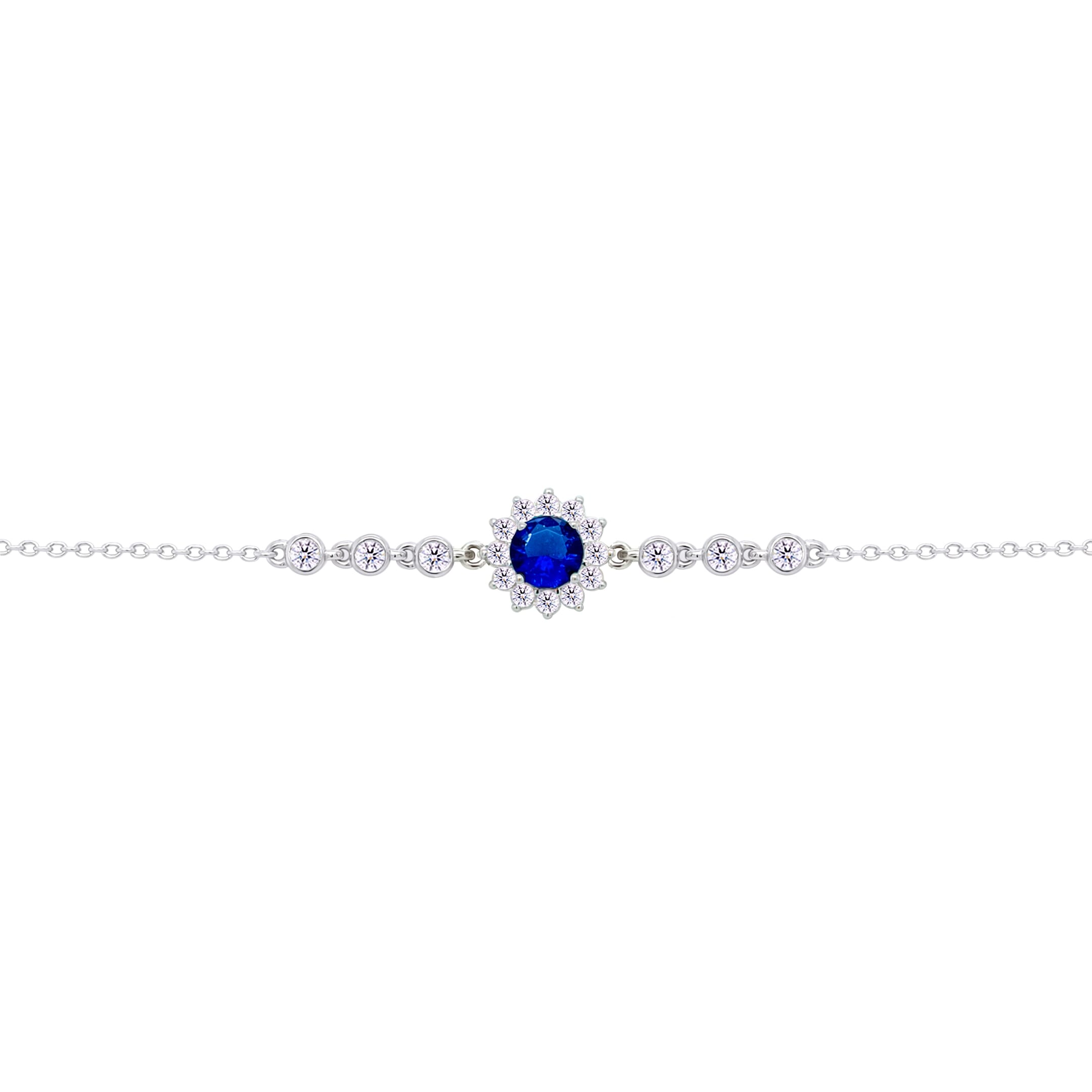 Asfour Crysta lChain Bracelet With Round Halo Blue Stone In 925 Sterling Silver-BD0205-WB