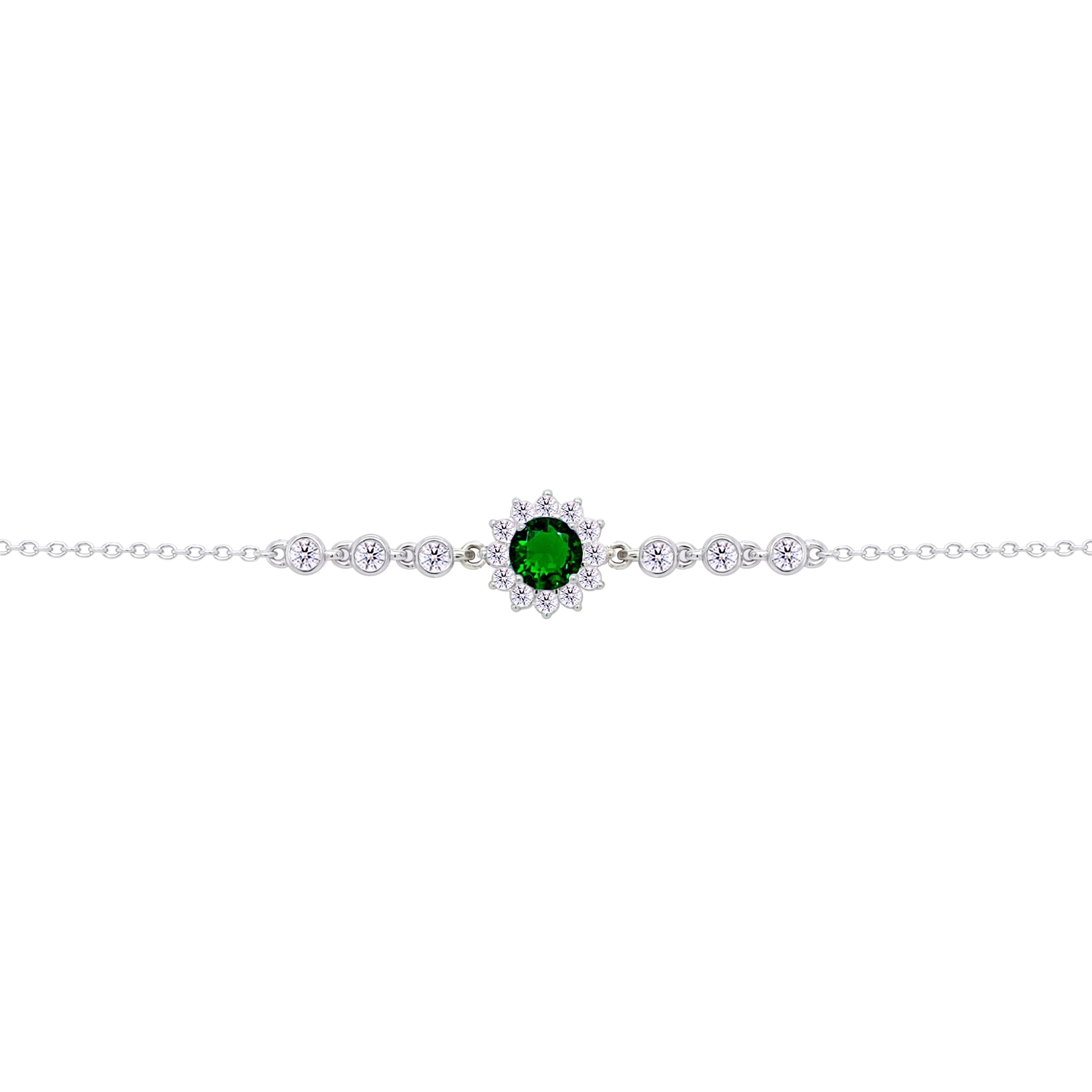 Asfour Crysta lChain Bracelet With Round Halo Emerald Zircon In 925 Sterling Silver-BD0205-WG