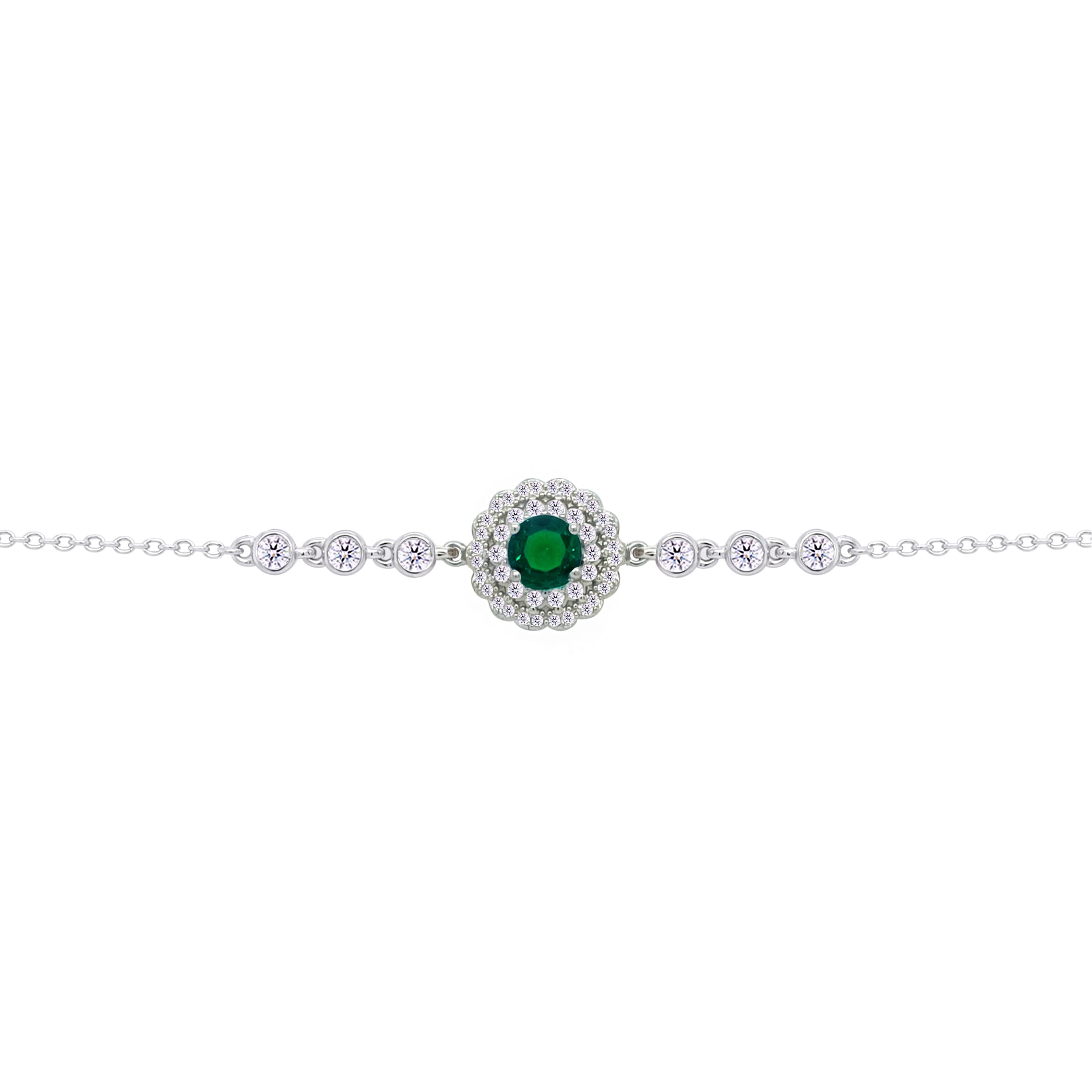 Asfour Crysta lChain Bracelet With Round Halo Emerald Zircon In 925 Sterling Silver-BD0211-WG