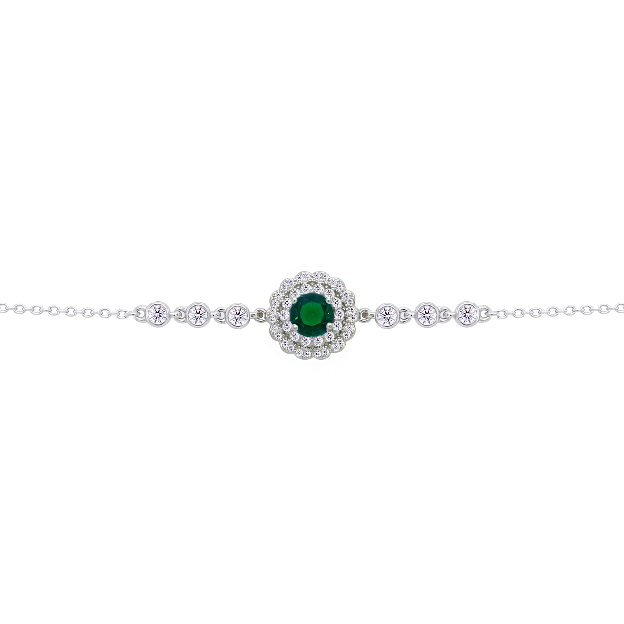 Asfour Crysta lChain Bracelet With Round Halo Emerald Zircon In 925 Sterling Silver-BD0212-WG