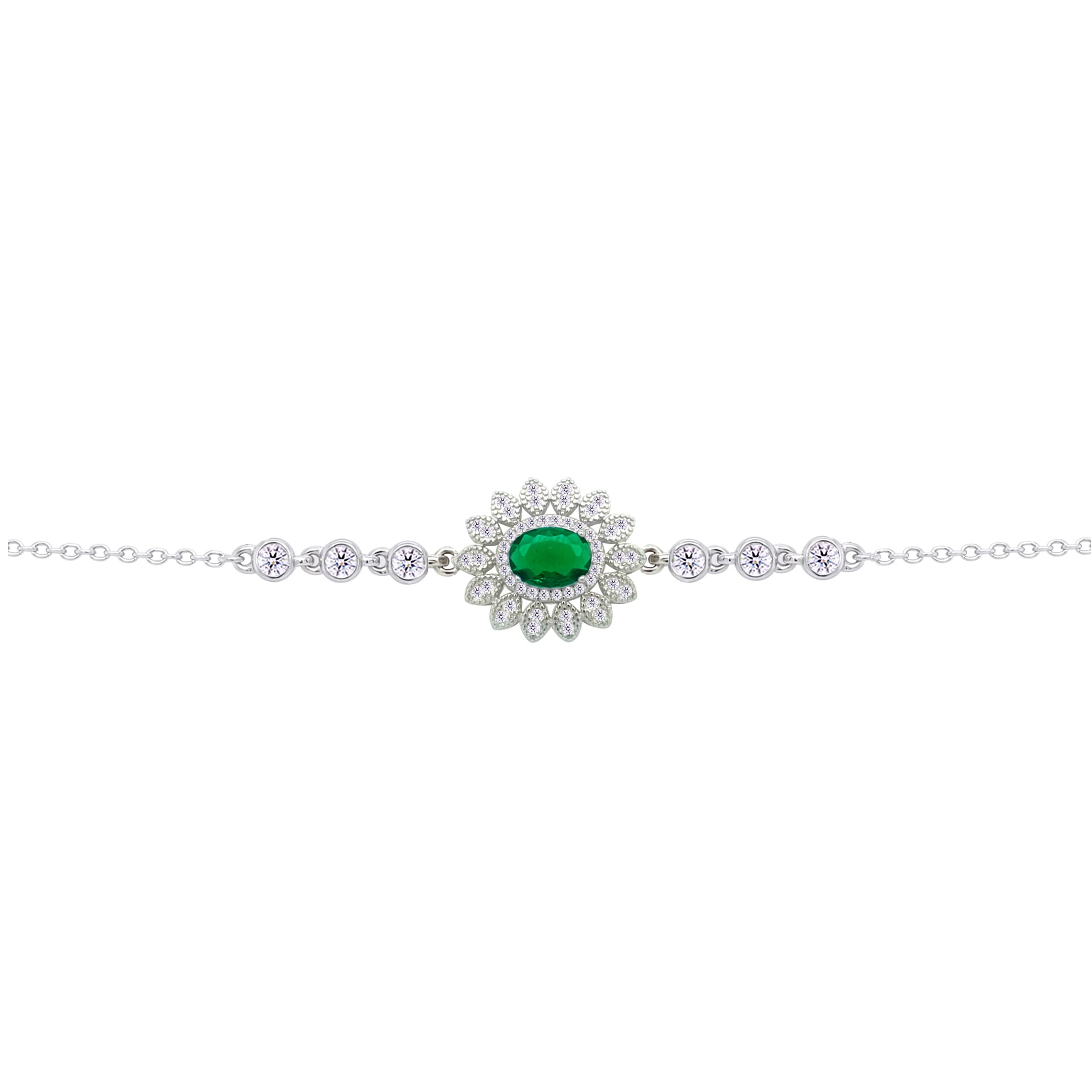 Asfour Crysta lChain Bracelet With Decorative Emerald Oval Zircon In 925 Sterling Silver-BD0216-WG