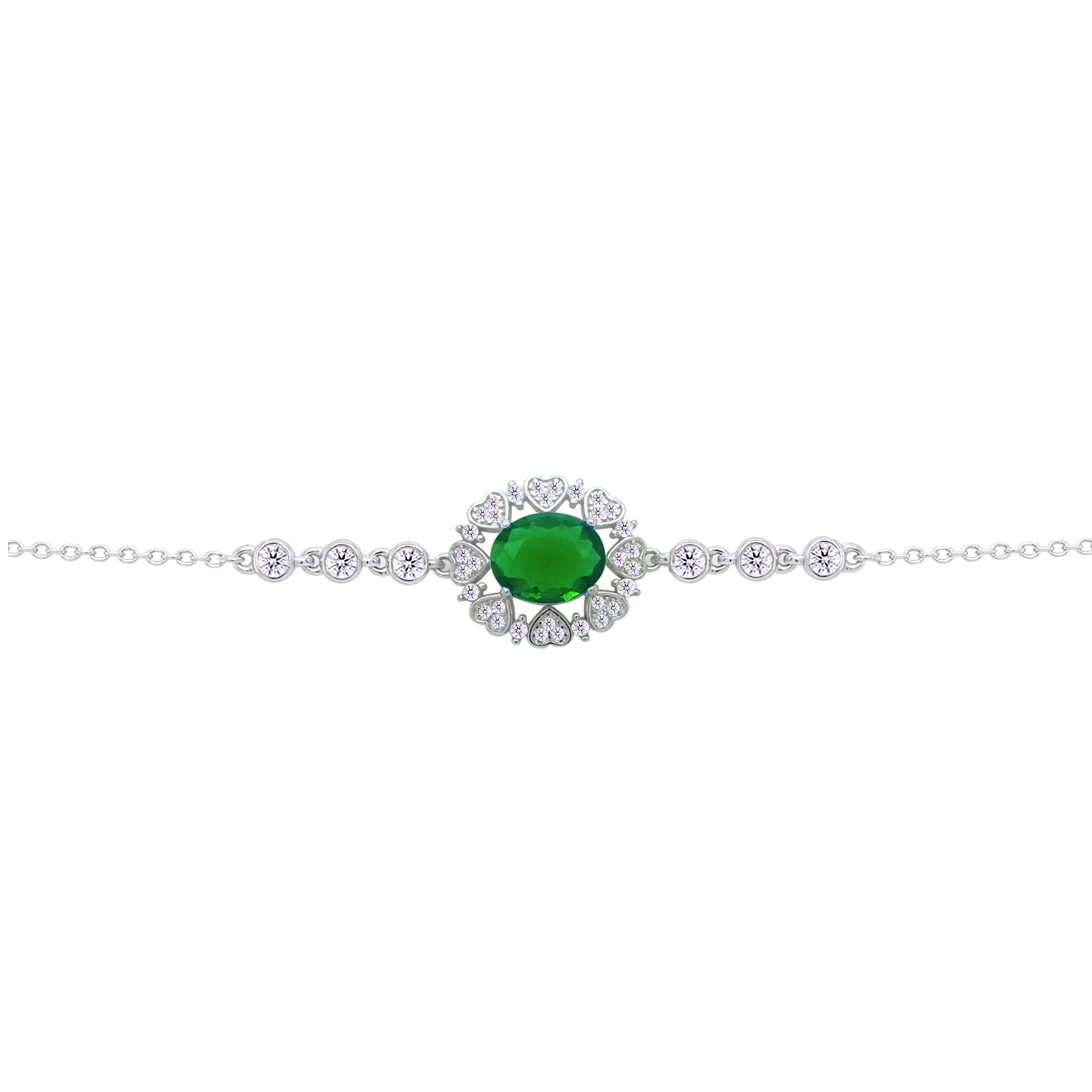 Asfour Crysta lChain Bracelet With Emerald Oval Design Inlaid With Hearts In 925 Sterling Silver-BD0217-WG