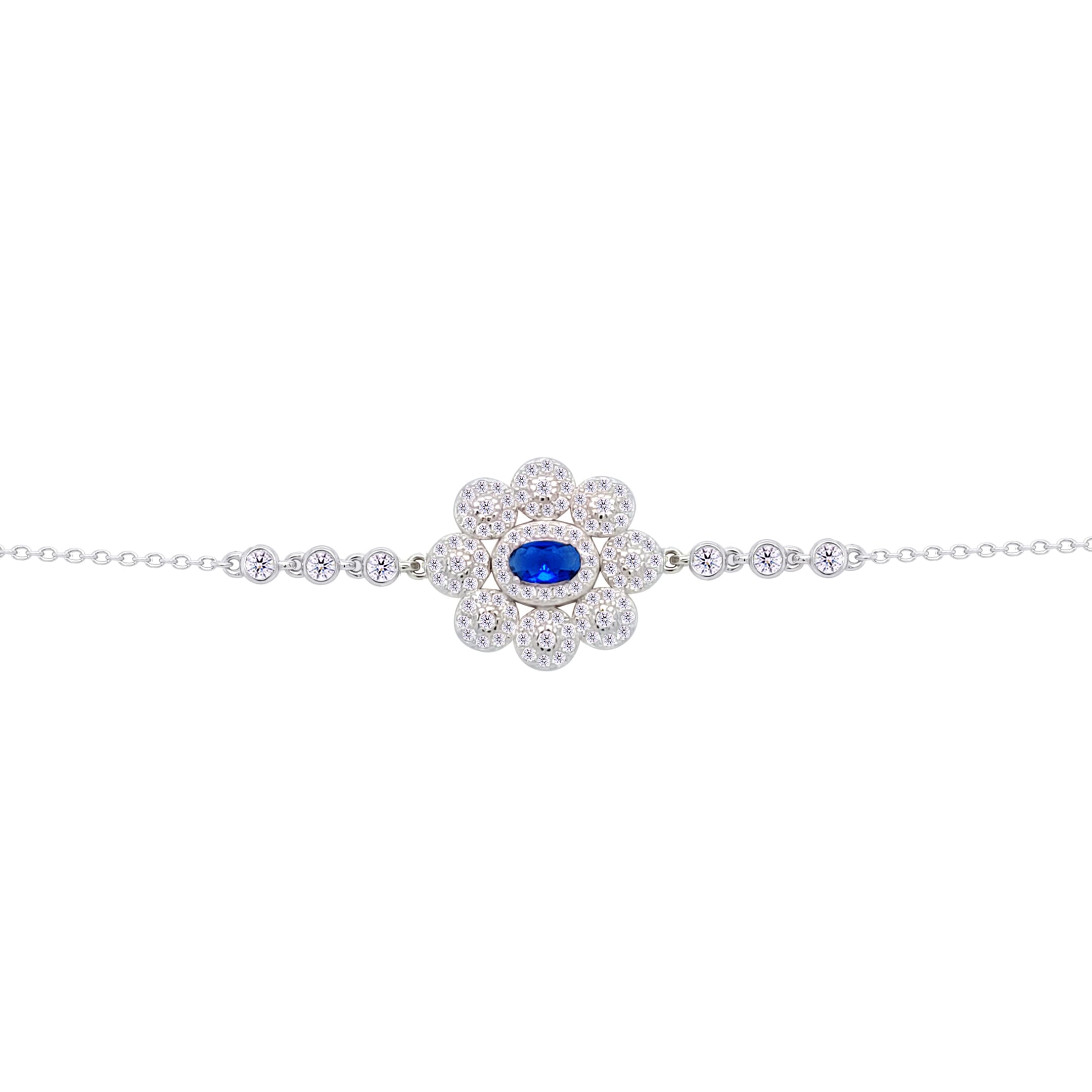 Asfour Crysta lChain Bracelet With Decorative Blue Flower Design In 925 Sterling Silver-BD0218-WB