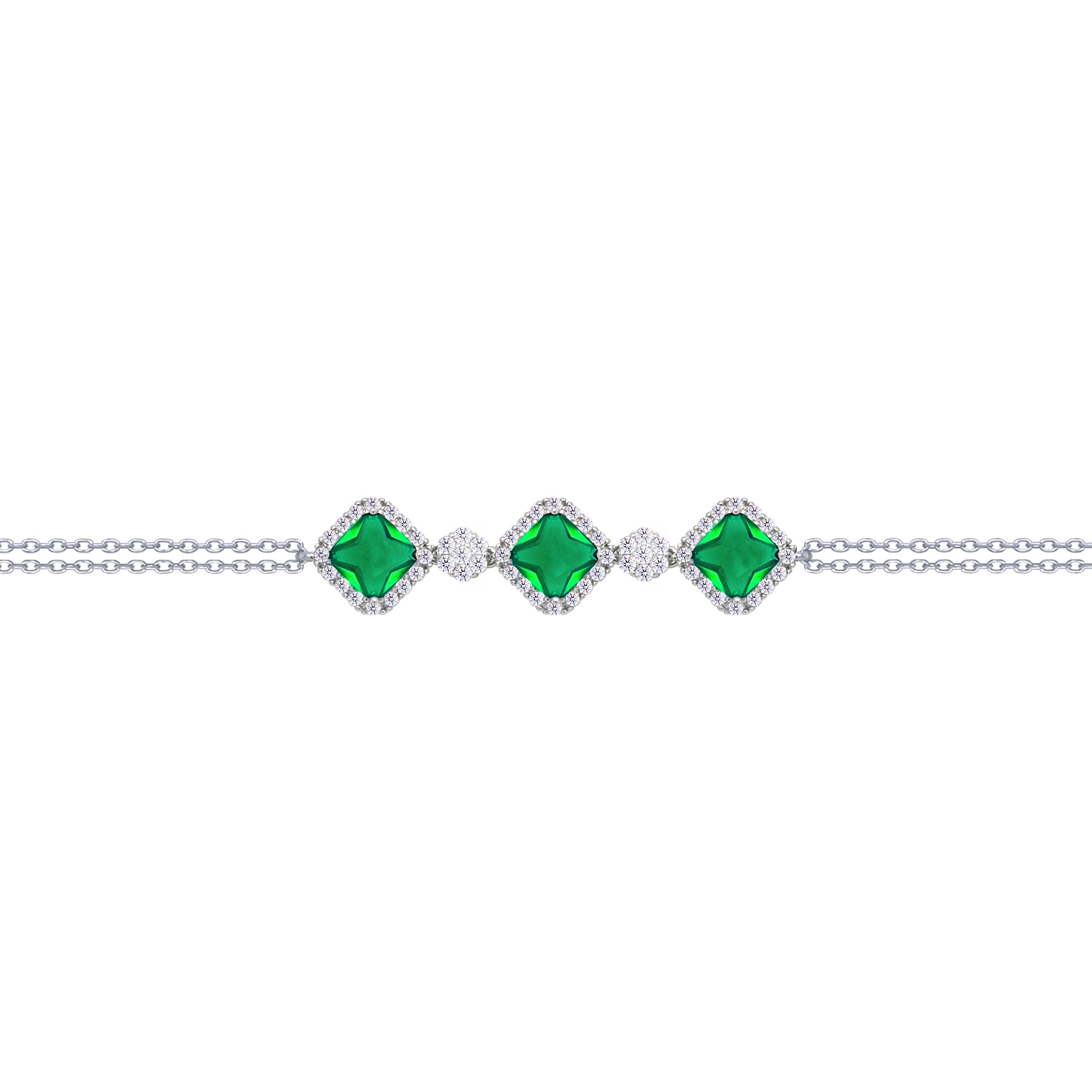 Asfour Crysta lChain Bracelet With Three Emerald Rhombus Zircon In 925 Sterling Silver-BD0227-WG