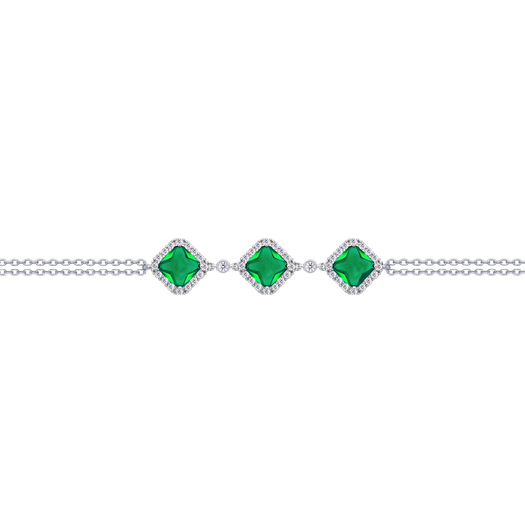 Asfour Crysta lChain Bracelet With Three Emerald Rhombus Zircon In 925 Sterling Silver-BD0228-WG