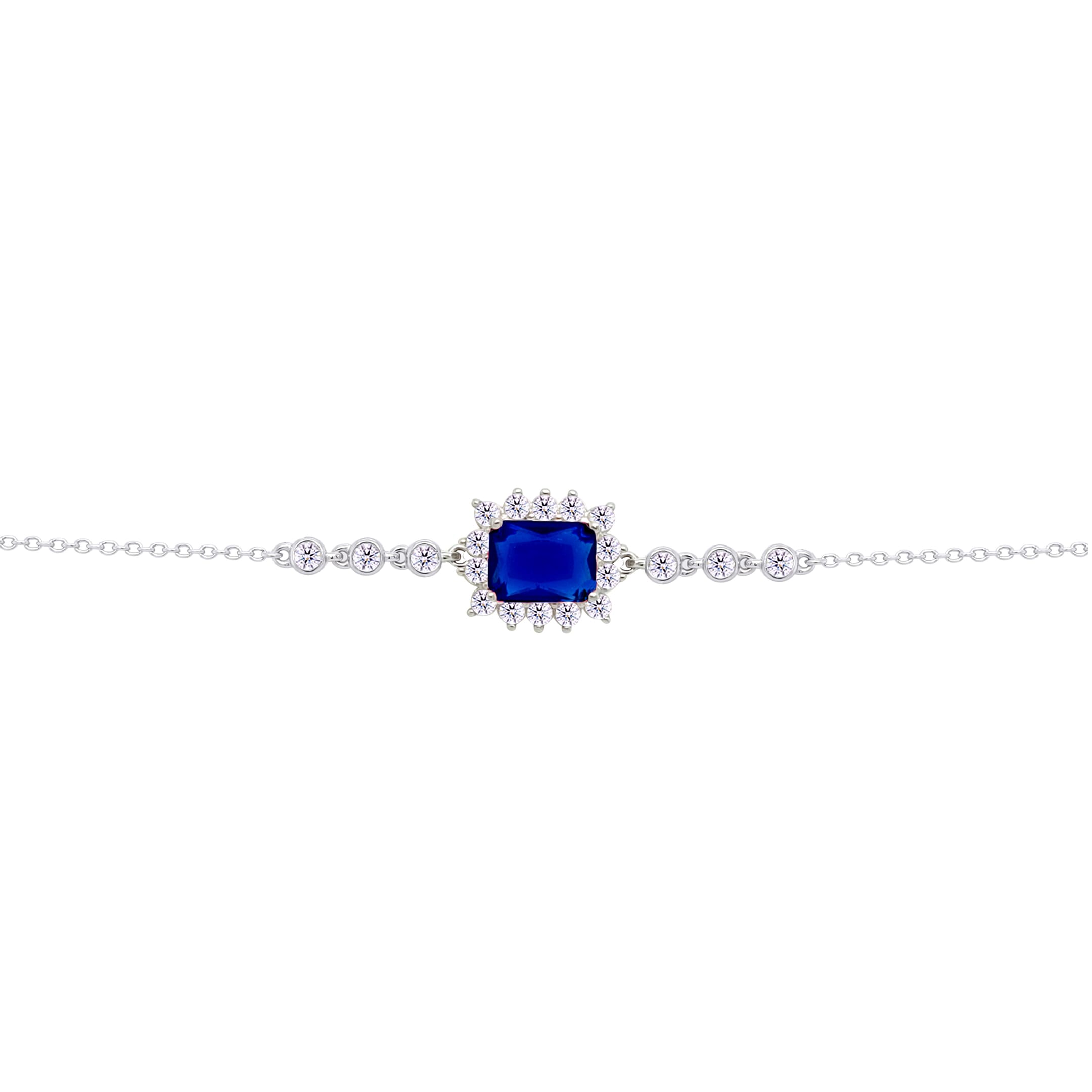 Asfour Crysta lChain Bracelet with Halo Blue Emerald Design In 925 Sterling Silver-BD0233-B