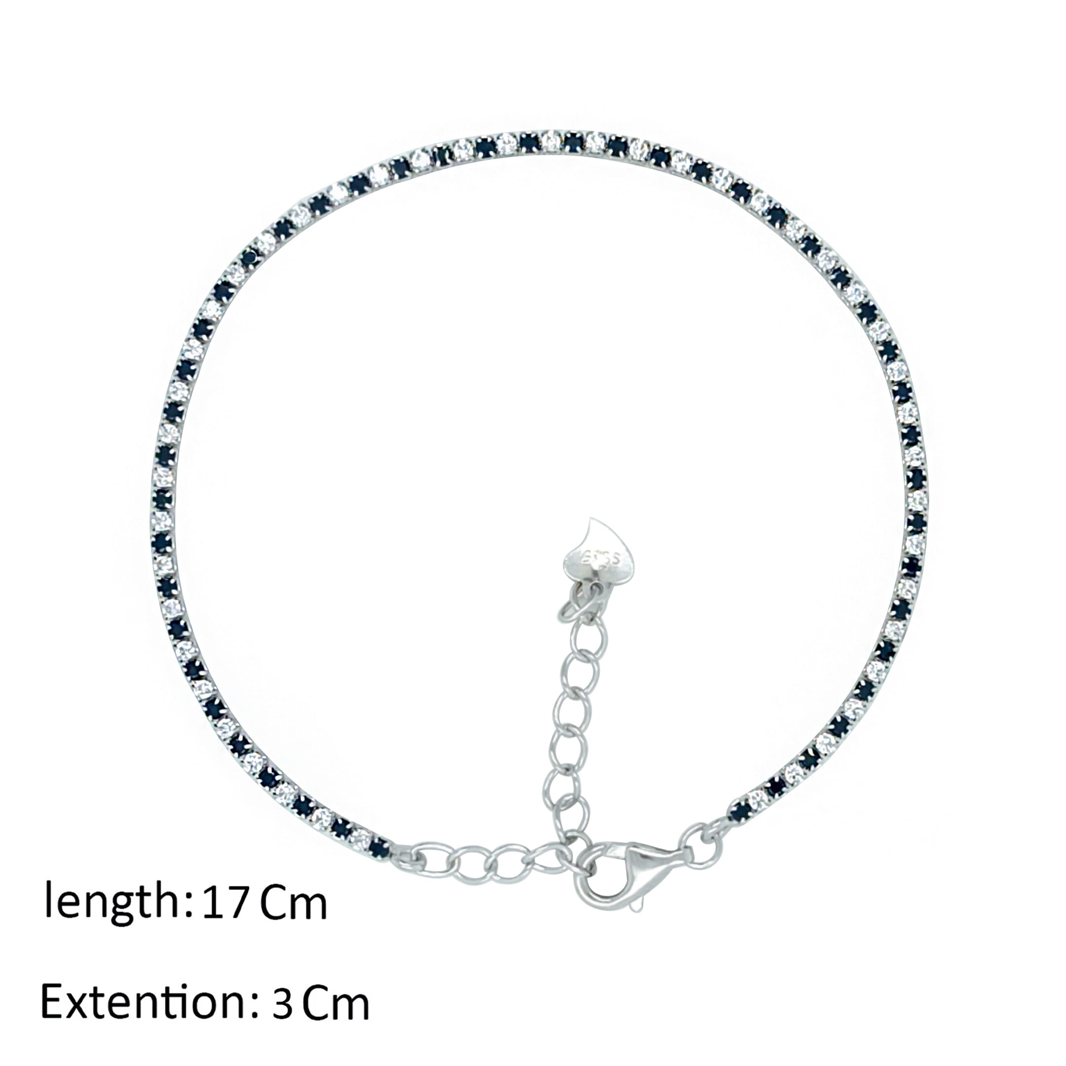 Asfour Crystal Tennis Bracelet With Clear & Black Round Zircon In 925 Sterling Silver-BD0254-WP