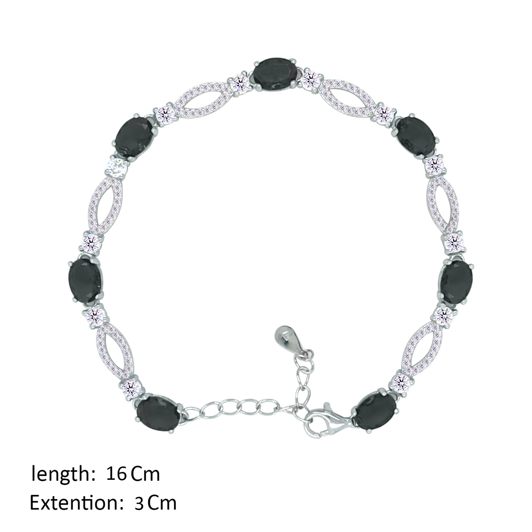 Asfour Crystal Fashion Bracelet With Black Oval Zircon Stones In 925 Sterling Silver-BD0272-P