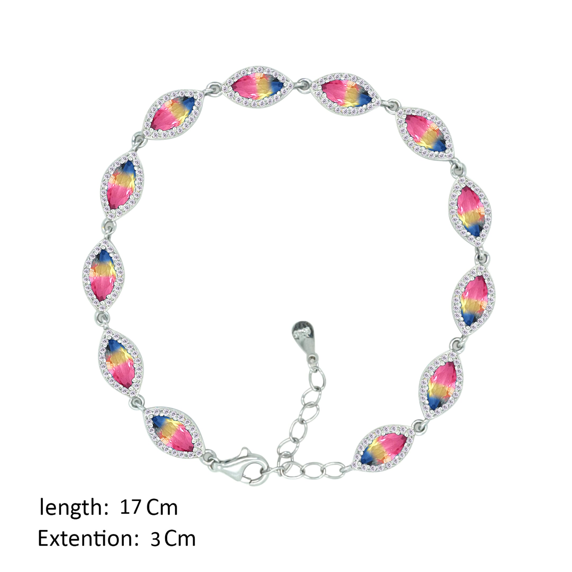 Asfour Crystal Tennis Bracelet With Multi Color Marquise Design In 925 Sterling Silver-BD0274-BYT