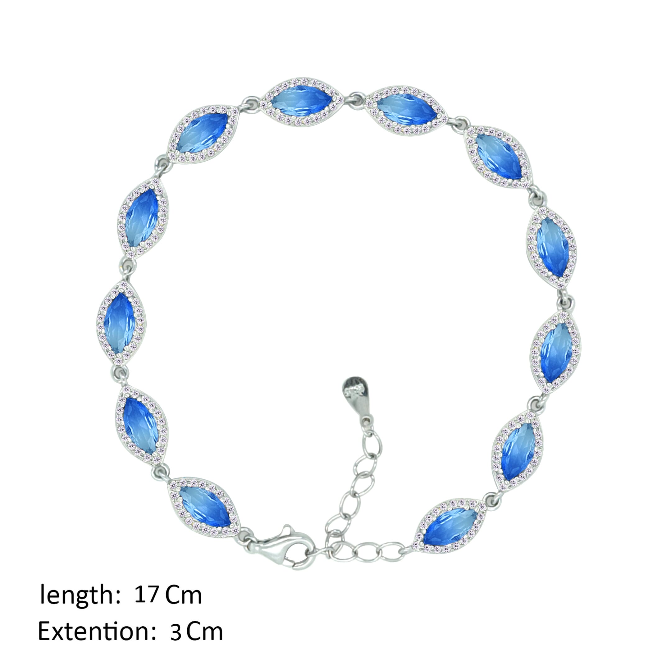 Asfour Crystal Tennis Bracelet With Blue Marquise Design In 925 Sterling Silver-BD0274-LBXB
