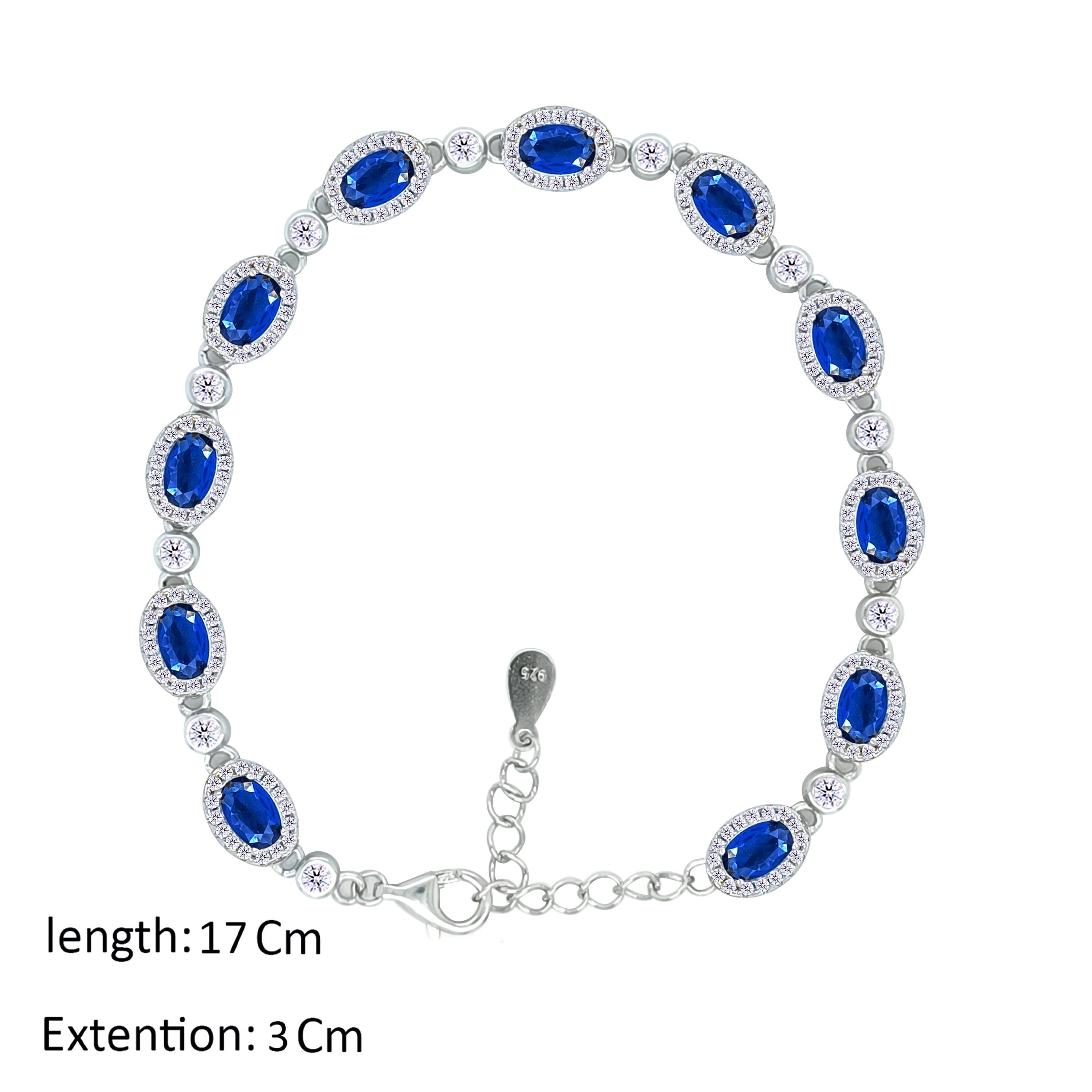 Asfour Crystal Tennis Bracelet With Blue Oval Design In 925 Sterling Silver-BD0288-B