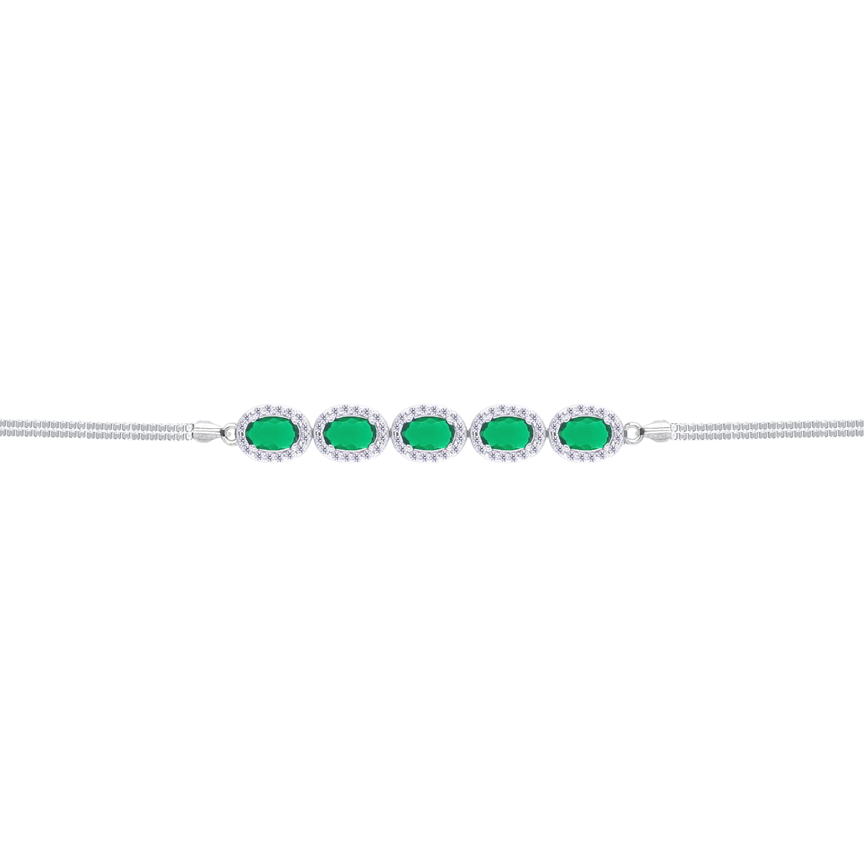 Asfour Crystal Box Chain Bracelet With Emerald Oval Design In 925 Sterling Silver-BD0306-G