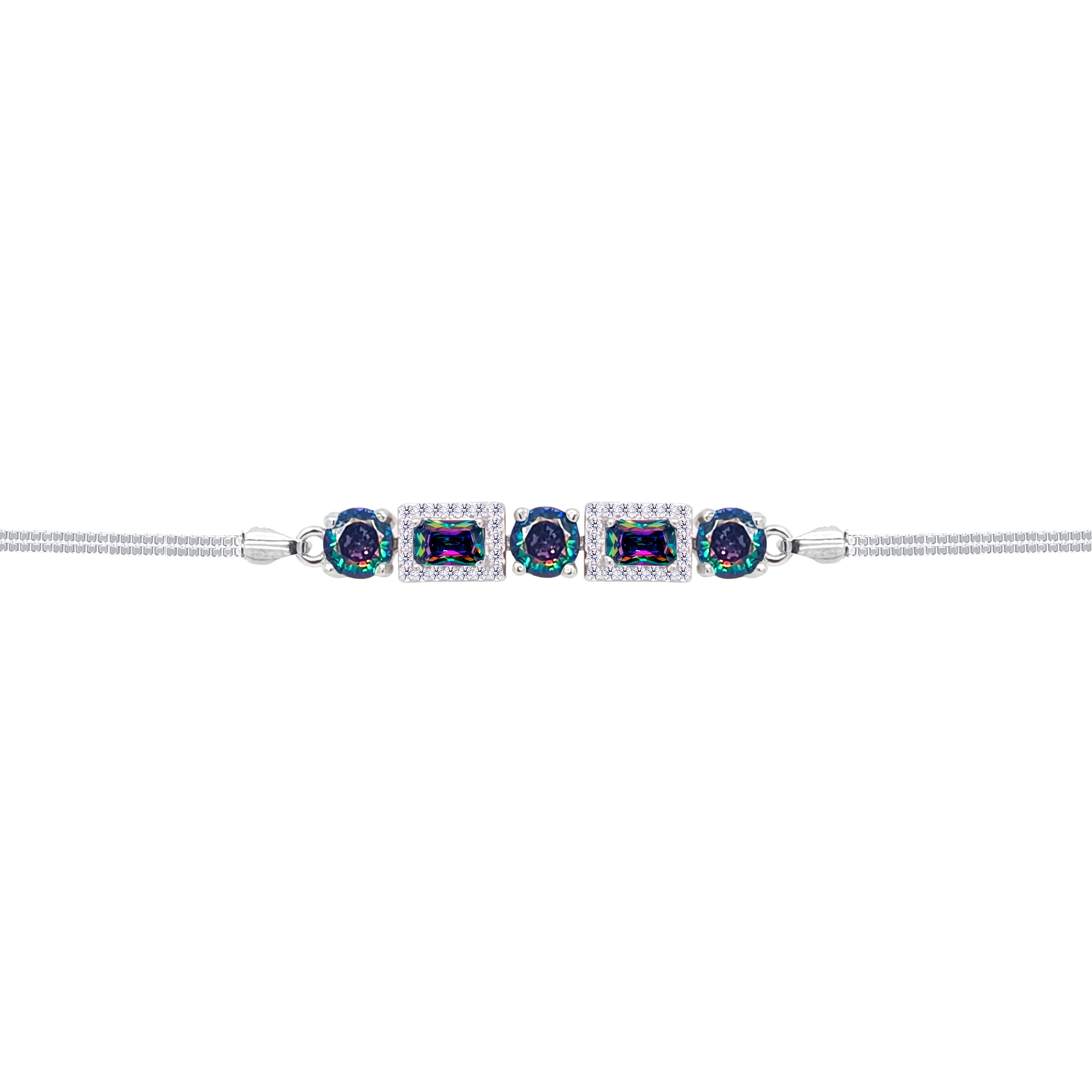 Asfour Crystal Box Chain Bracelet With Multi Color Round & Emerald Stones In 925 Sterling Silver-BD0311-AP