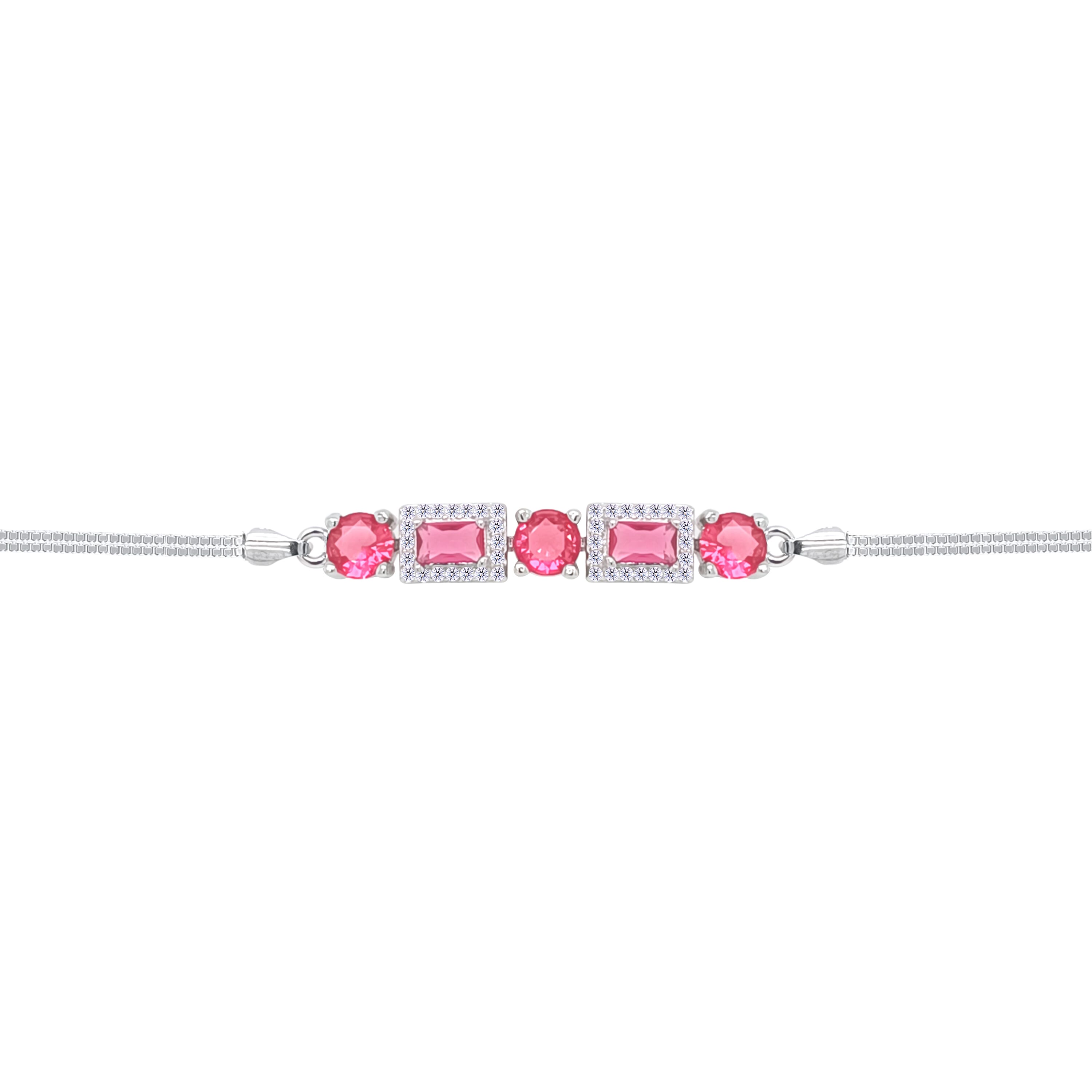 Asfour Crystal Box Chain Bracelet With Dark Rose Round & Emerald Stones In 925 Sterling Silver-BD0311-O5