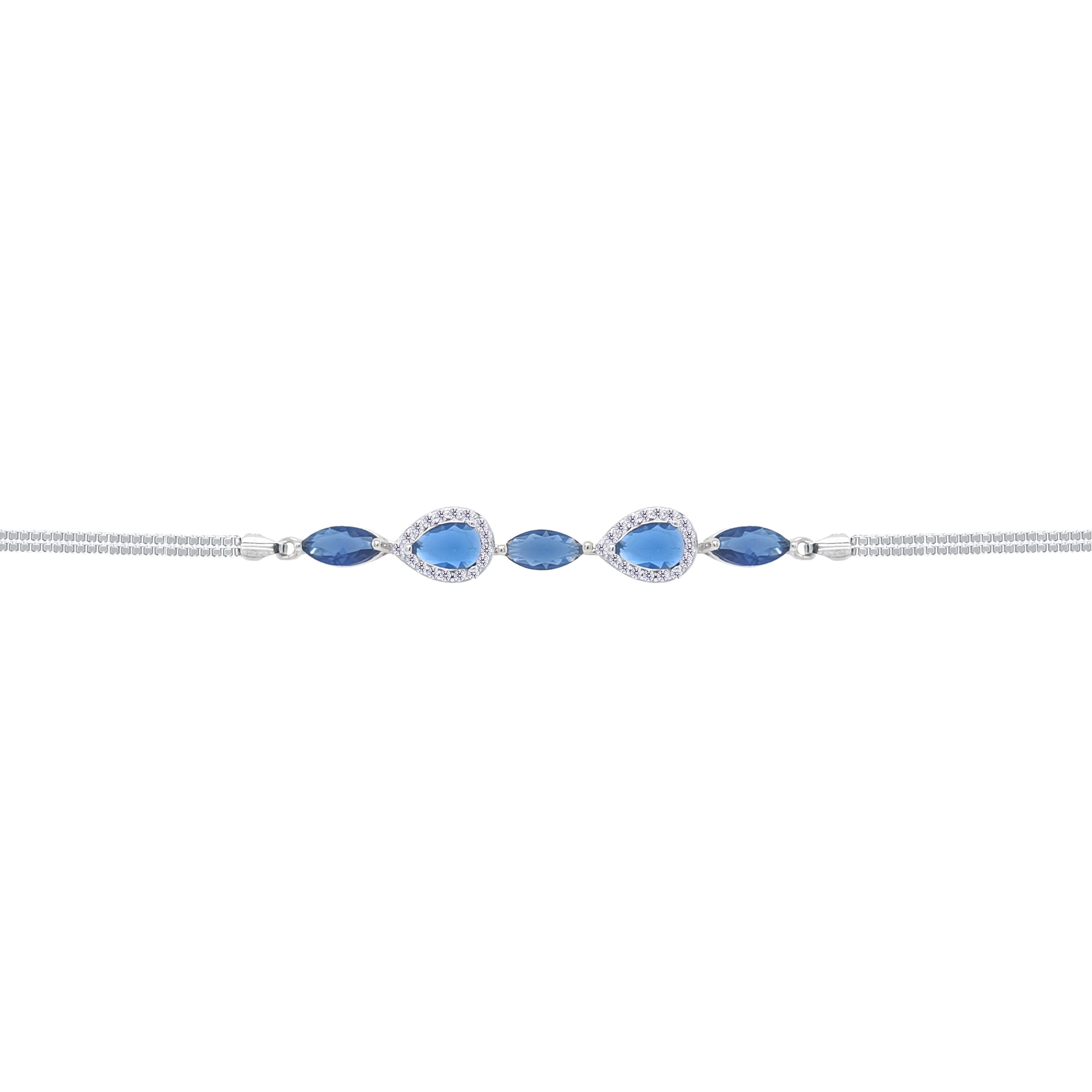 Asfour Crystal Box Chain Bracelet With Blue Marquise & Pear Design In 925 Sterling Silver-BD0316-B