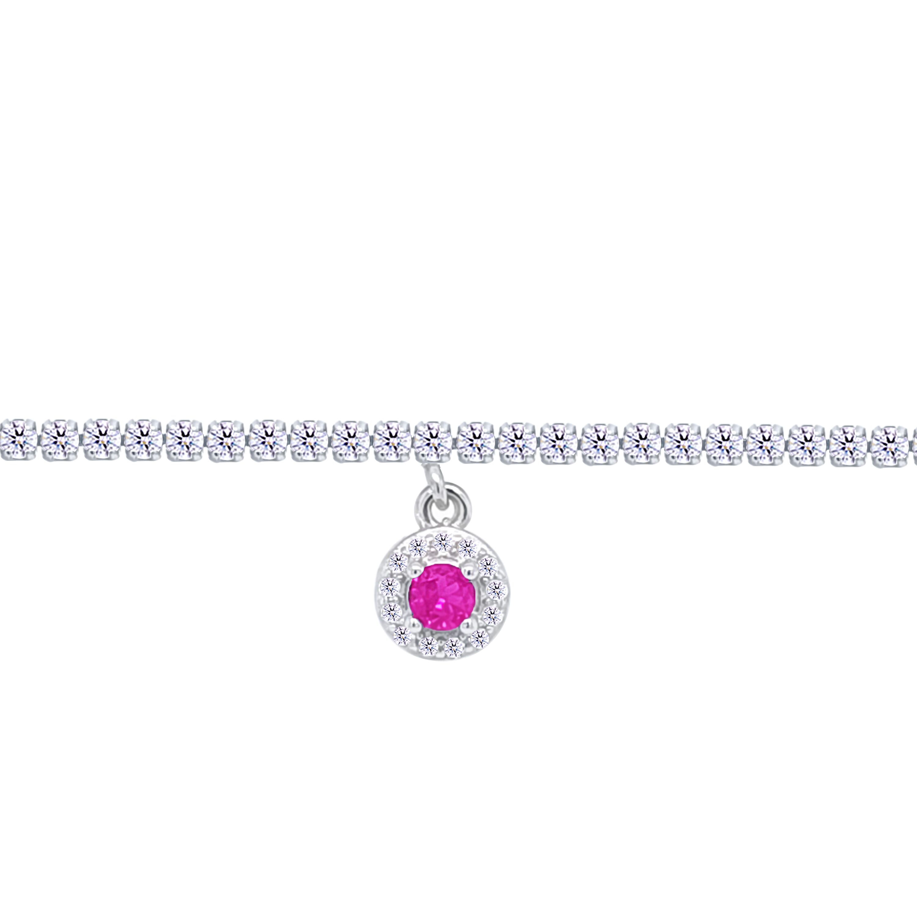 Asfour Crystal Tennis Bracelet With Fuchsia Round Zircon In 925 Sterling Silver-BD0319-WF