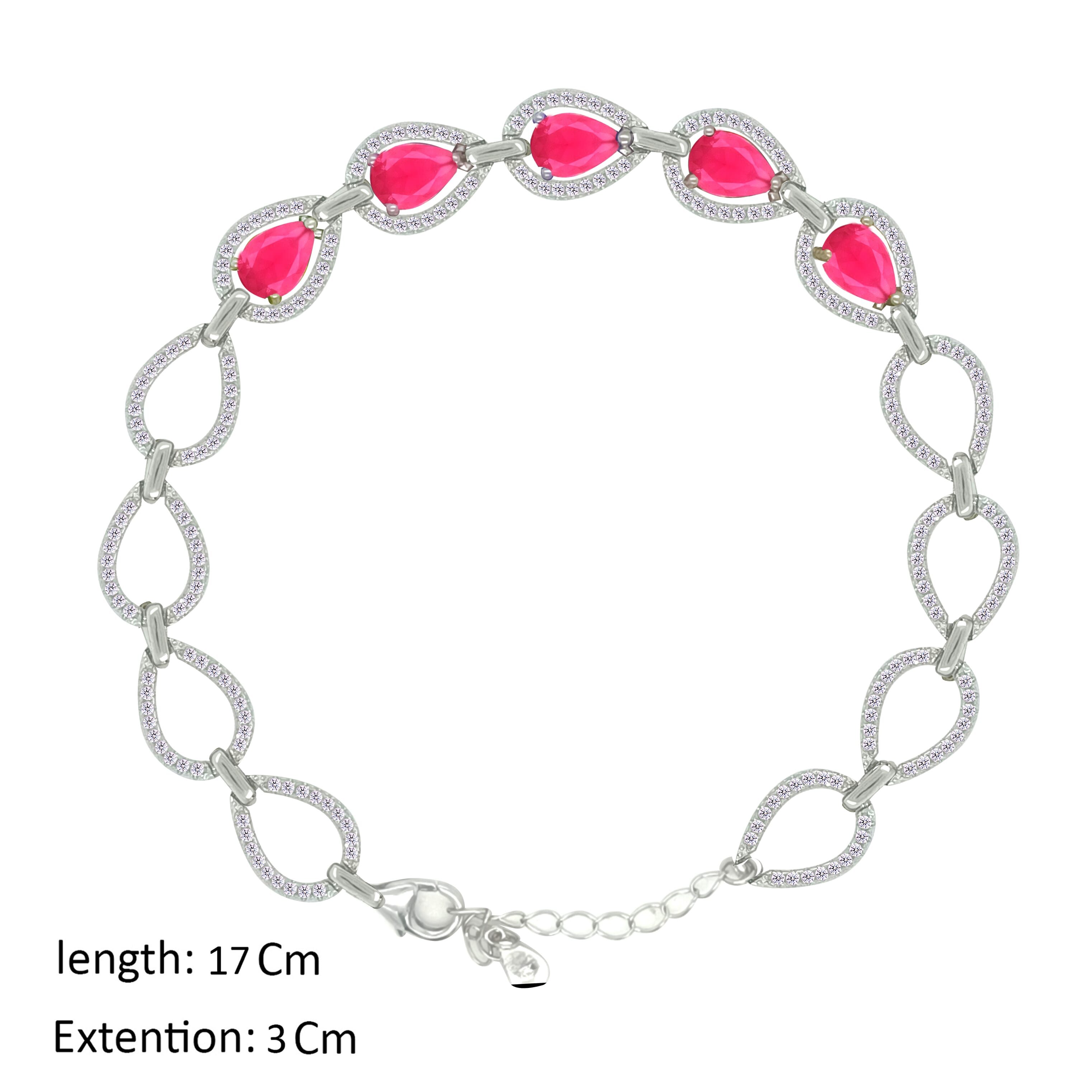 Asfour Crystal Tennis Bracelet With Fuchsia Pear Design In 925 Sterling Silver-BD0334-F
