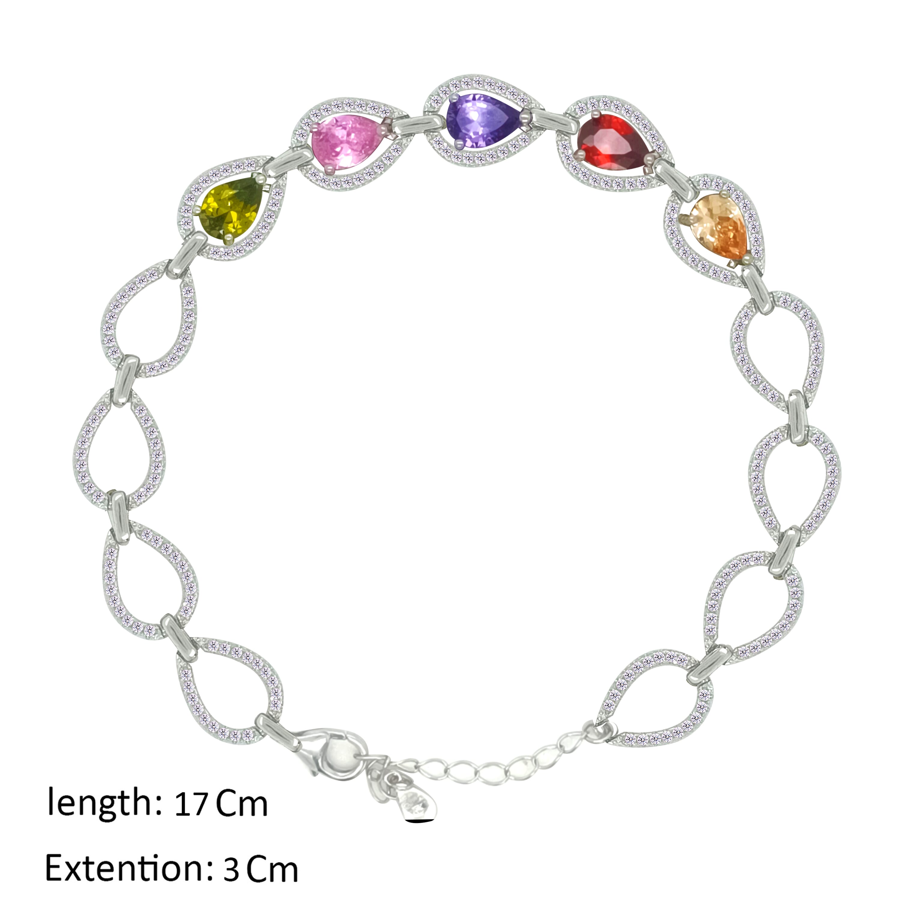Asfour Crystal Tennis Bracelet With Multi Color Oval Stones In 925 Sterling Silver-BD0334-K