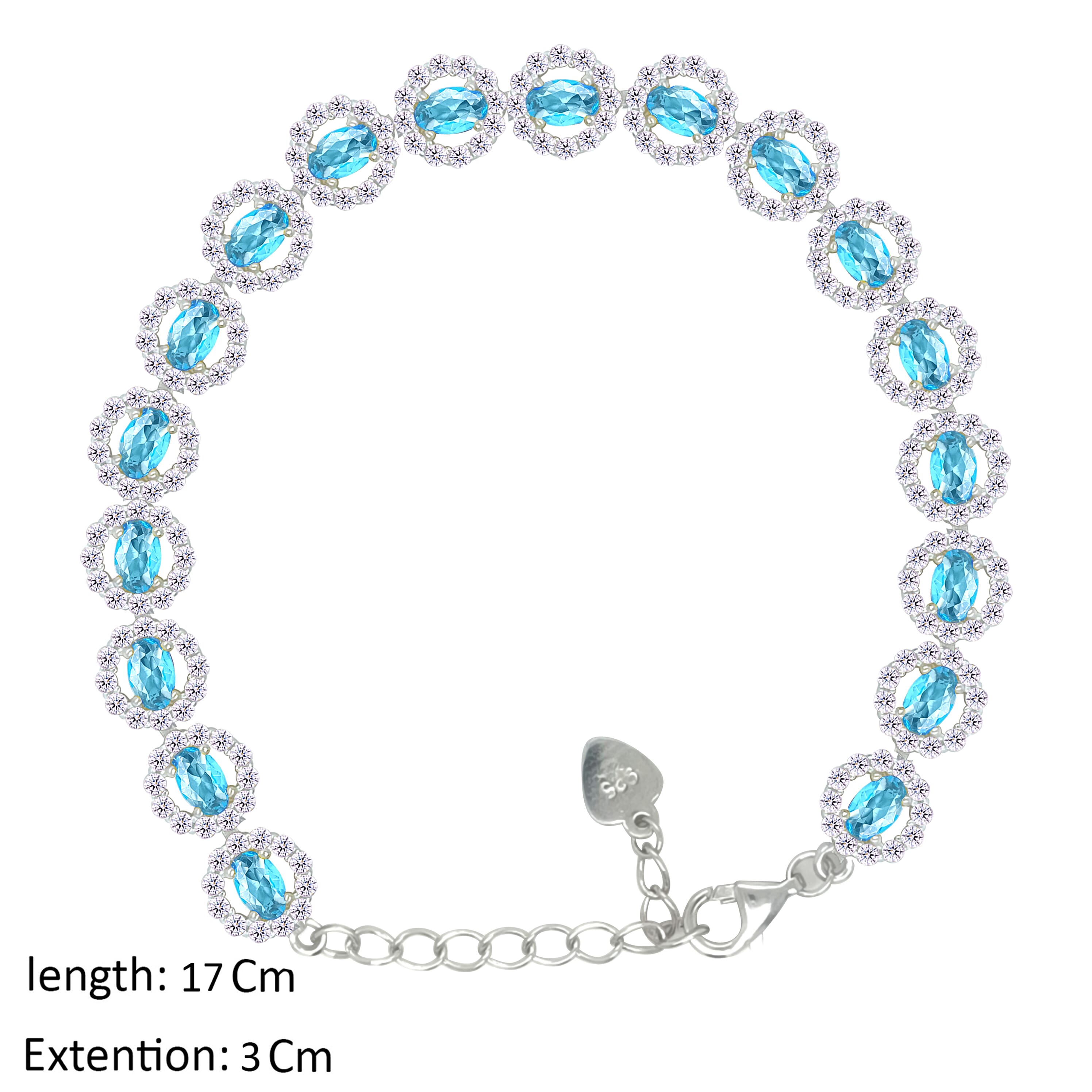 Asfour Crystal Tennis Bracelet With Aquamarine Round Design In 925 Sterling Silver-BD0337-M