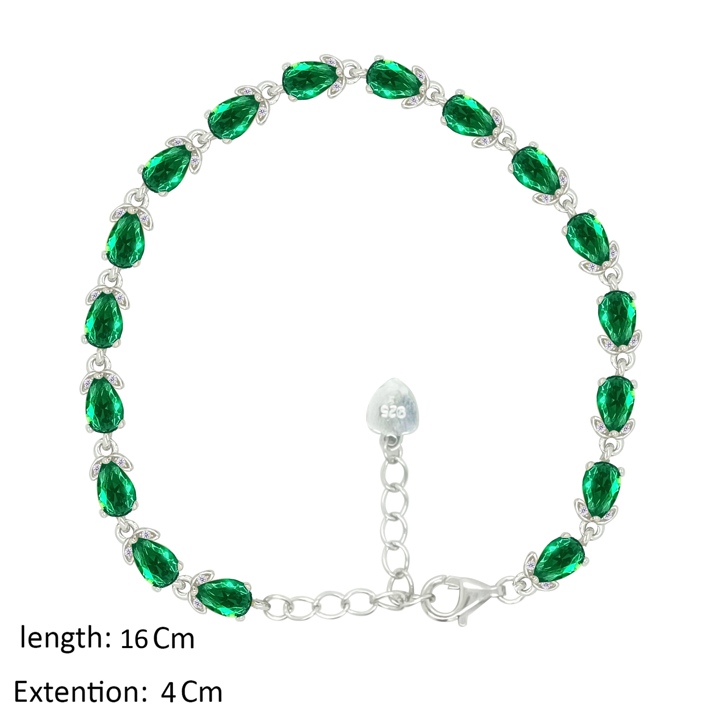 Asfour Crystal Tennis Bracelet With Emerald Pear Design In 925 Sterling Silver-BD0344-G