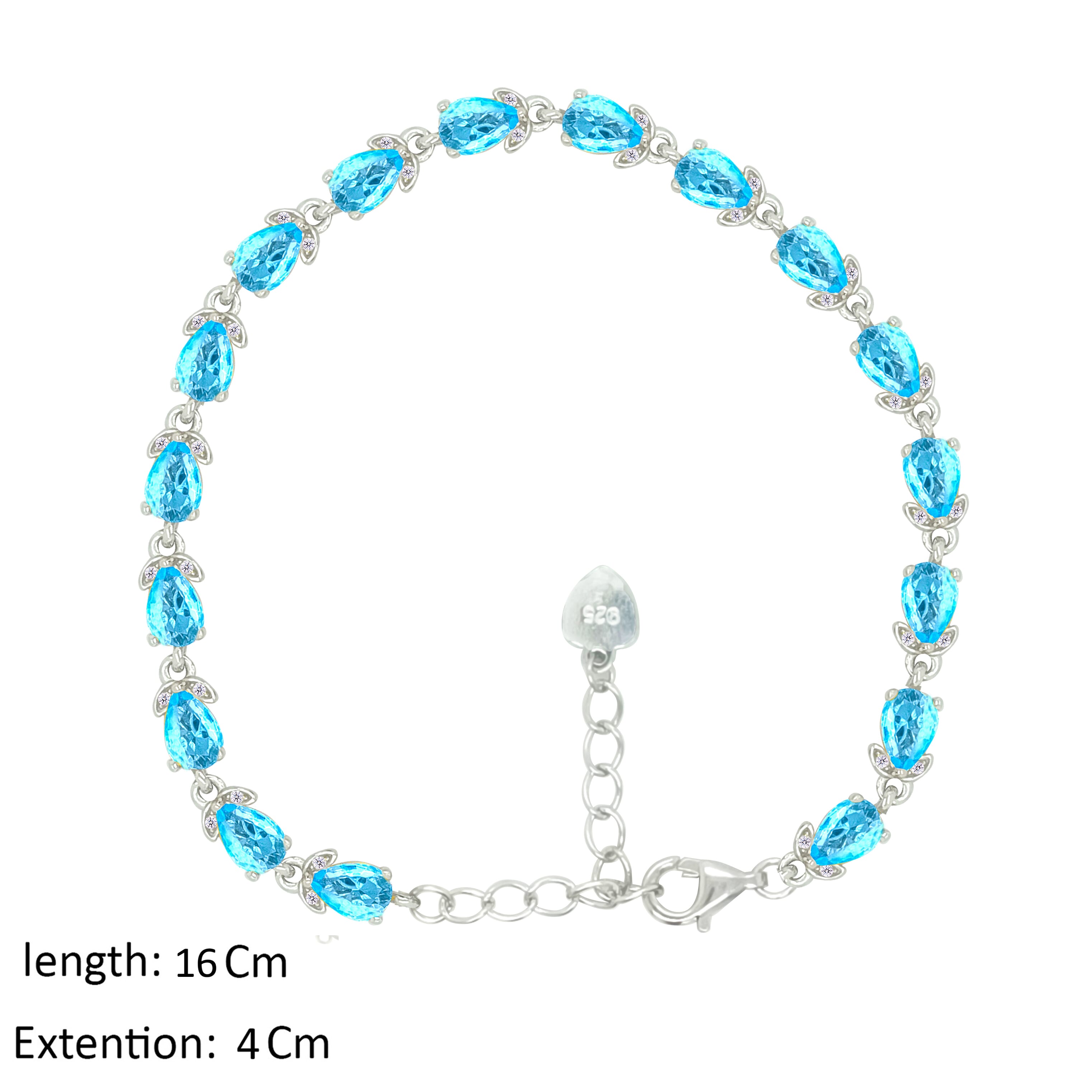 Asfour Crystal Tennis Bracelet With Aquamarine Pear Design In 925 Sterling Silver-BD0344-M