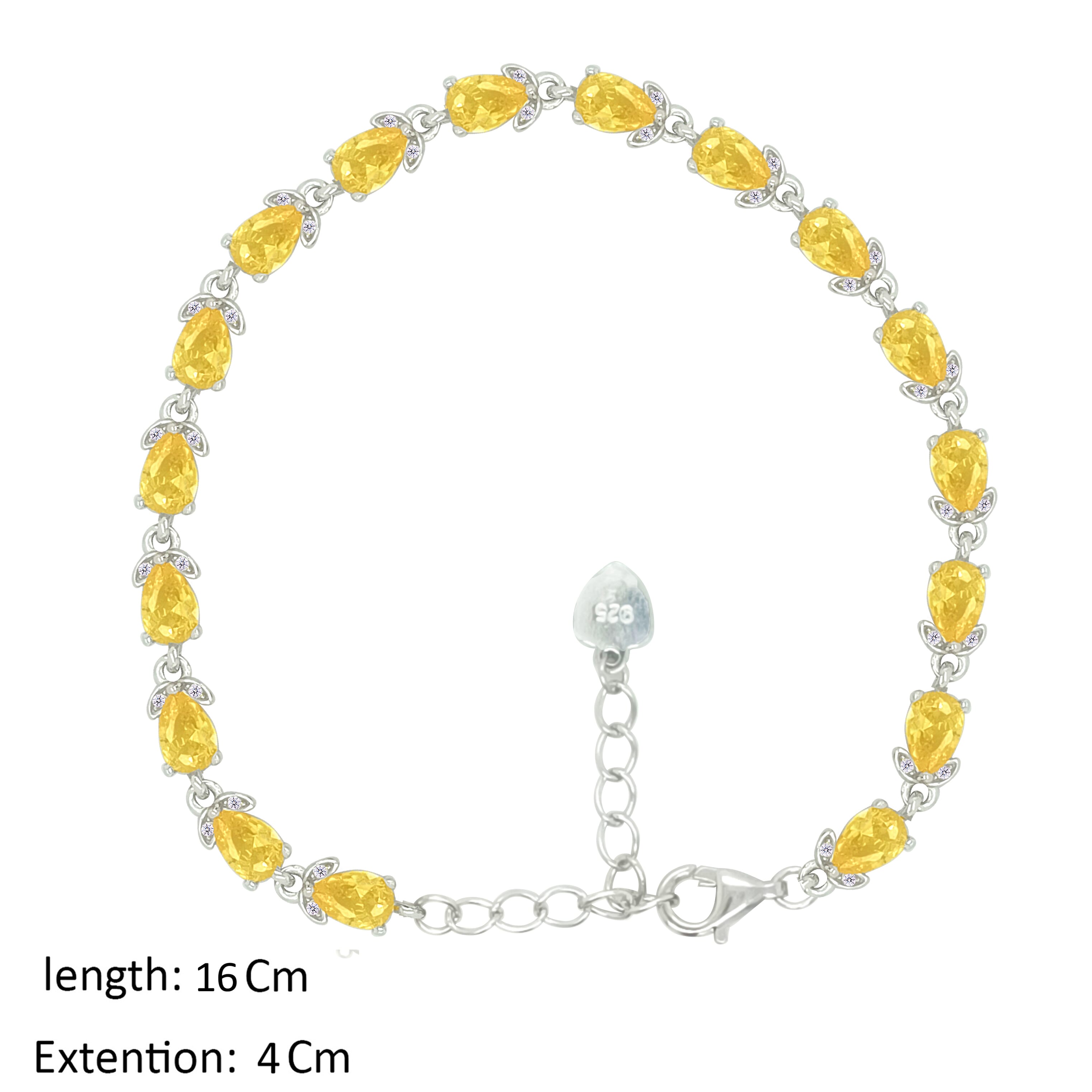 Asfour Crystal Tennis Bracelet With Yellow Pear Design In 925 Sterling Silver-BD0344-Y