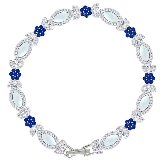 Asfour Crystal Tennis Bracelet With Turquoise Pear & Emerald Zircon In 925 Sterling Silver