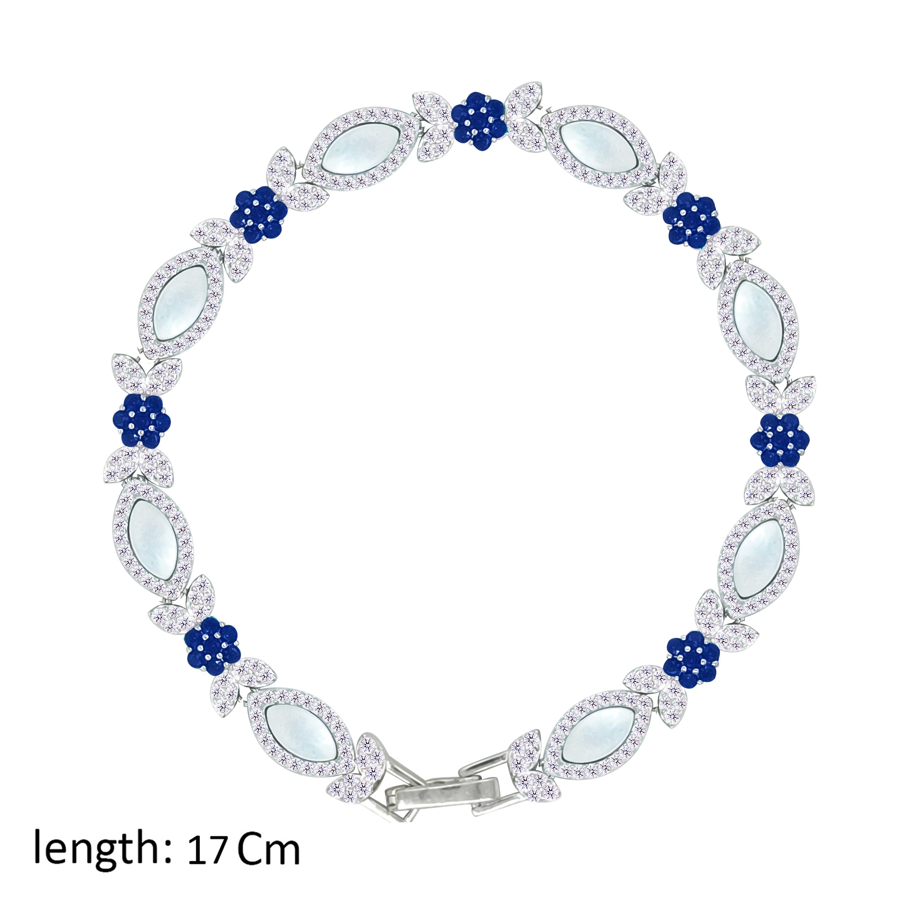 Asfour Crystal Tennis Bracelet With Blue Flower Design In 925 Sterling Silver-BD0360-WB