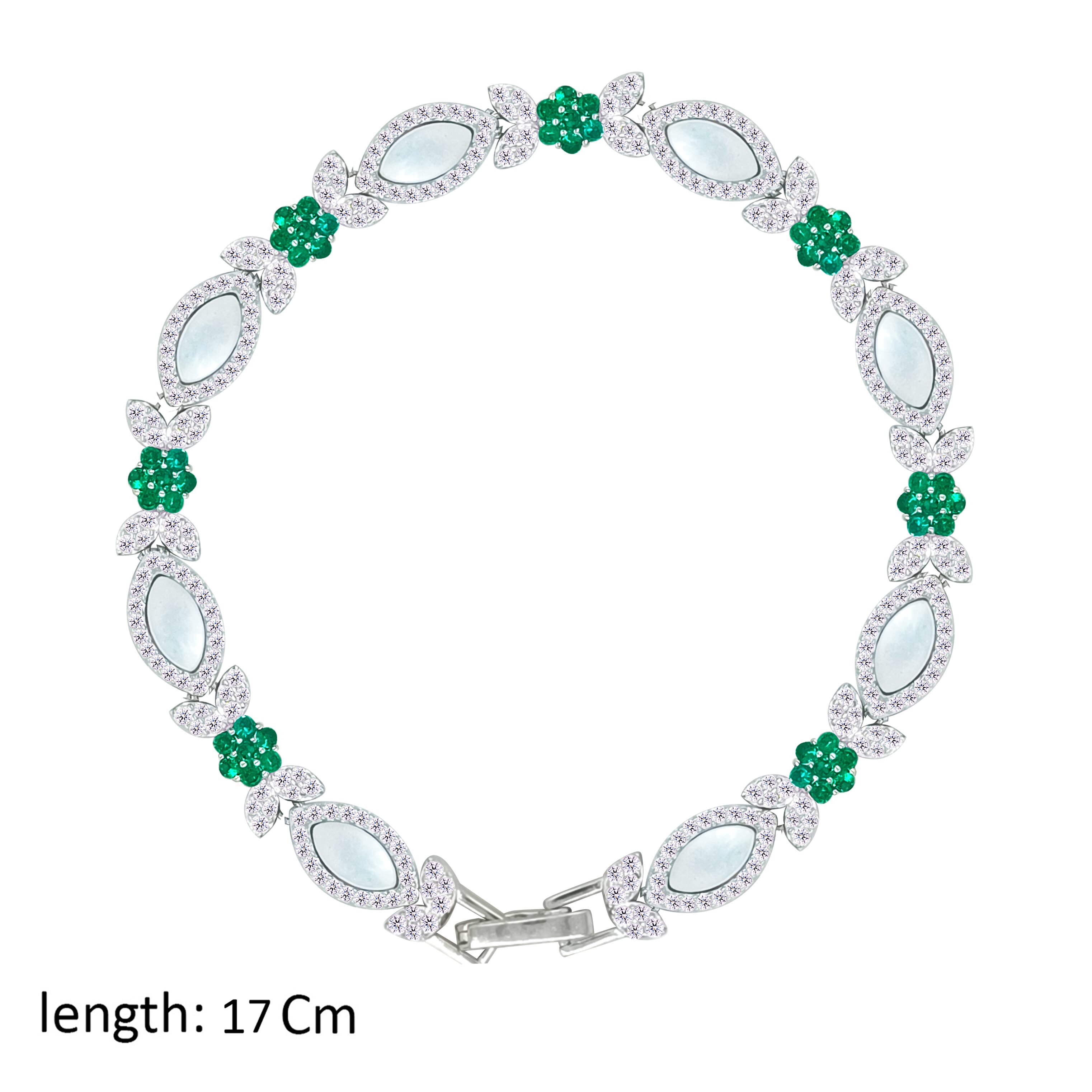 Asfour Crystal Tennis Bracelet With Emerald Flower Design In 925 Sterling Silver-BD0360-WG