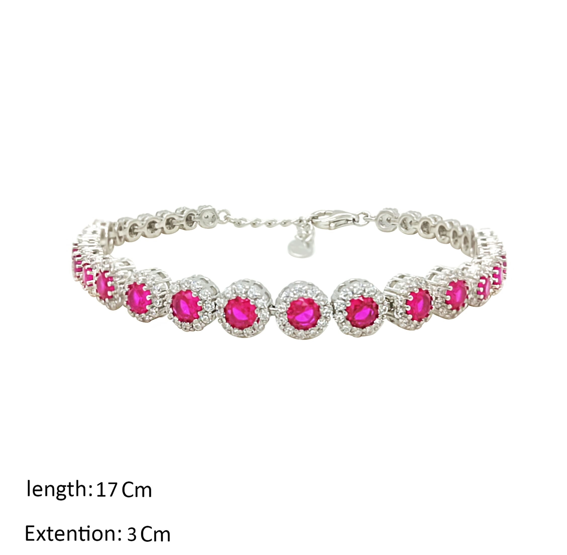Asfour Crystal Cluster Tennis Bracelet With Fuchsia Round Zircon In 925 Sterling Silver-BM0019-WF