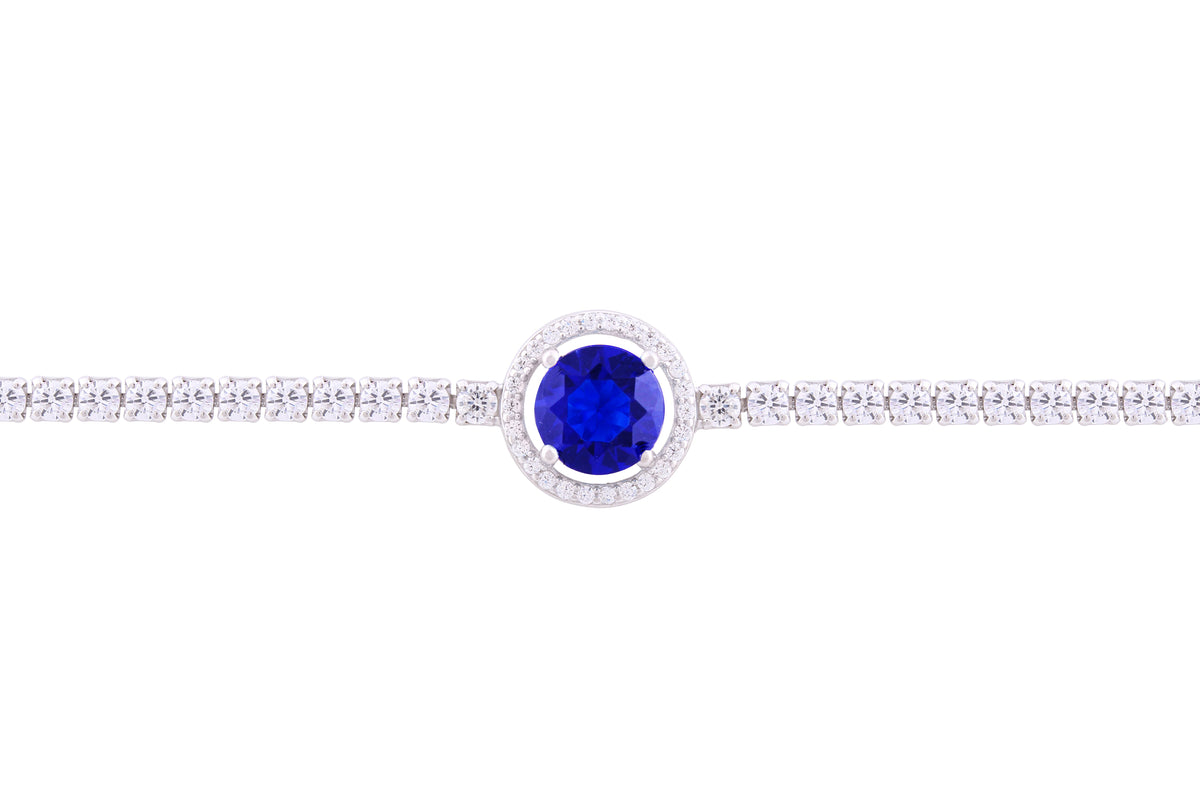 Asfour Crystal Tennis Bracelet With Halo Round Cut Blue Zircon In 925 Sterling Silver BM0026-WB