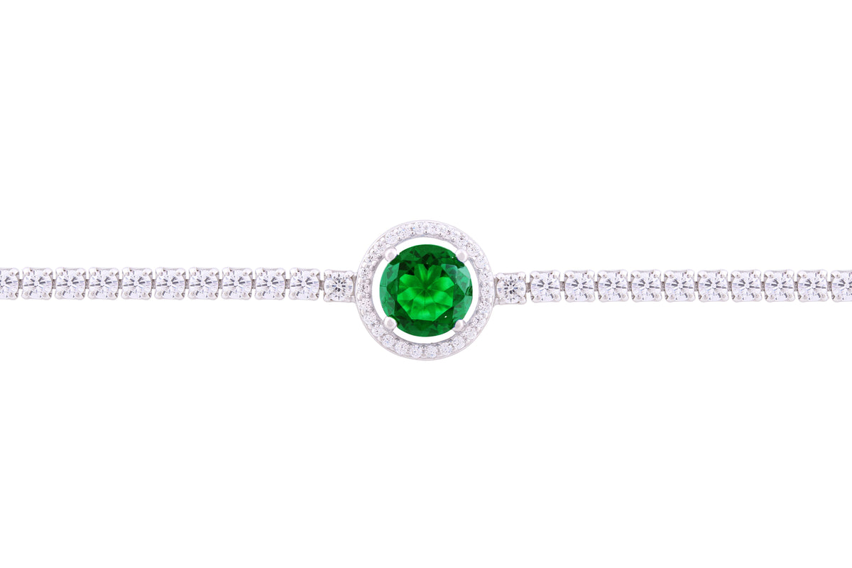 Asfour Crystal Tennis Bracelet With Halo Round Cut Emerald Zircon In 925 Sterling Silver BM0026-WG