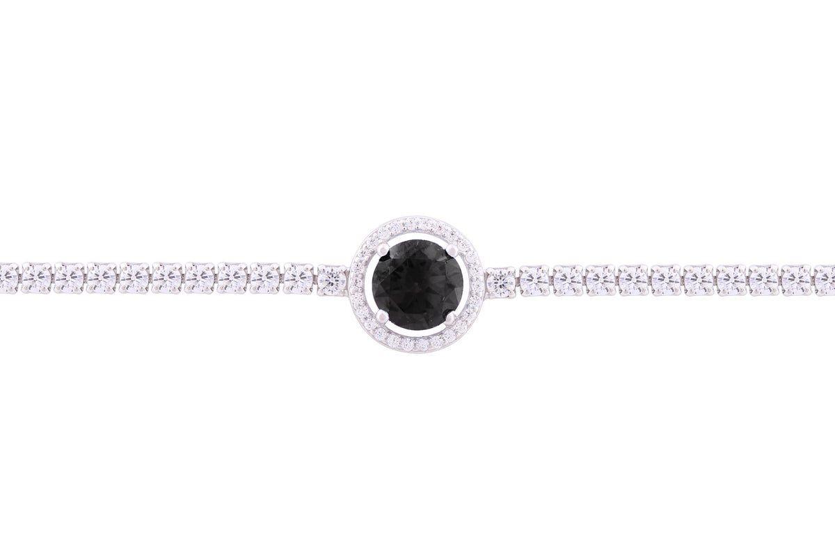 Asfour Crystal Tennis Bracelet With Halo Round Cut Black Zircon In 925 Sterling Silver BM0026-WP