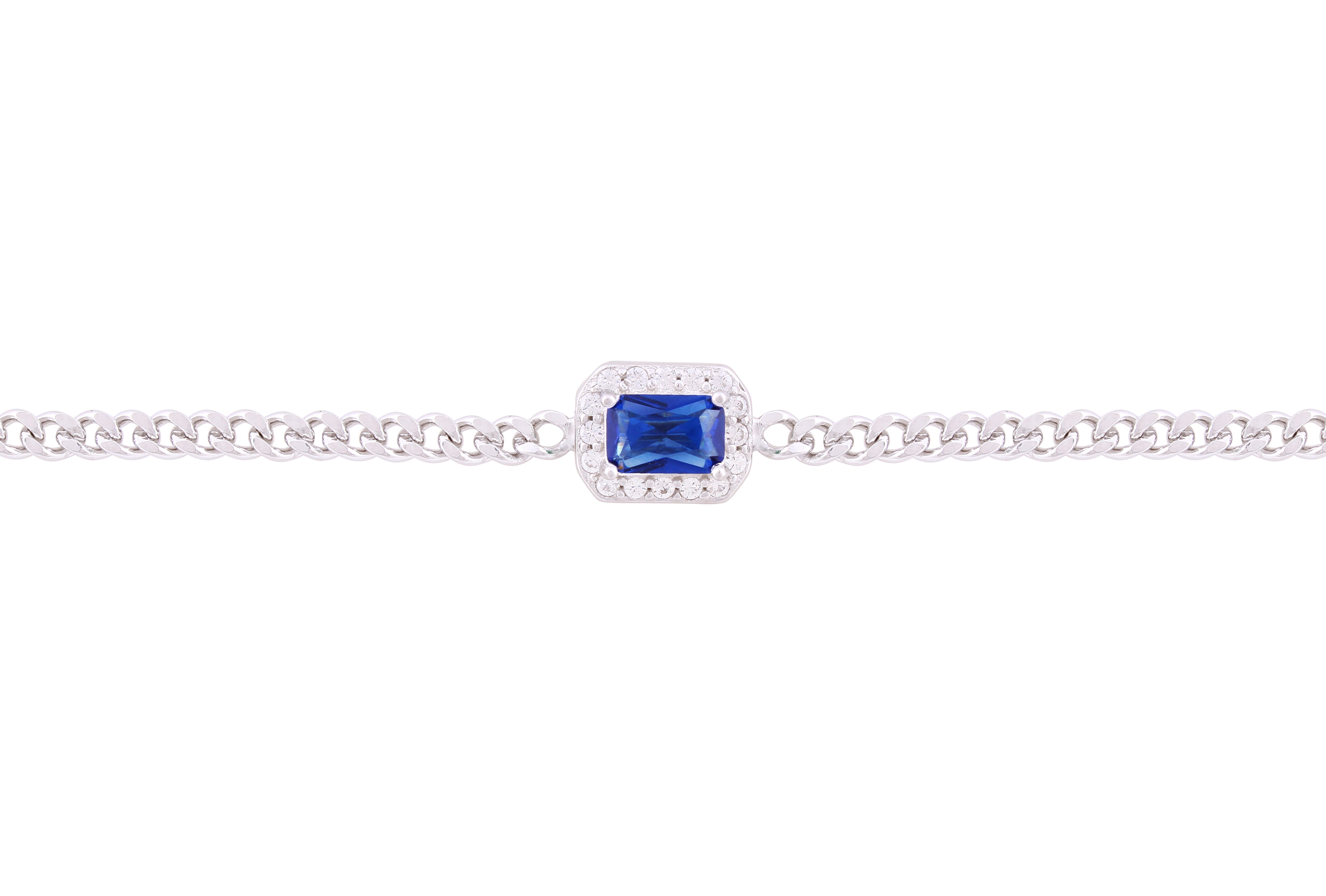 Asfour Crystal Curb Chain Bracelet With Halo Emerald Cut Blue Zircon In 925 Sterling Silver BM0027-B