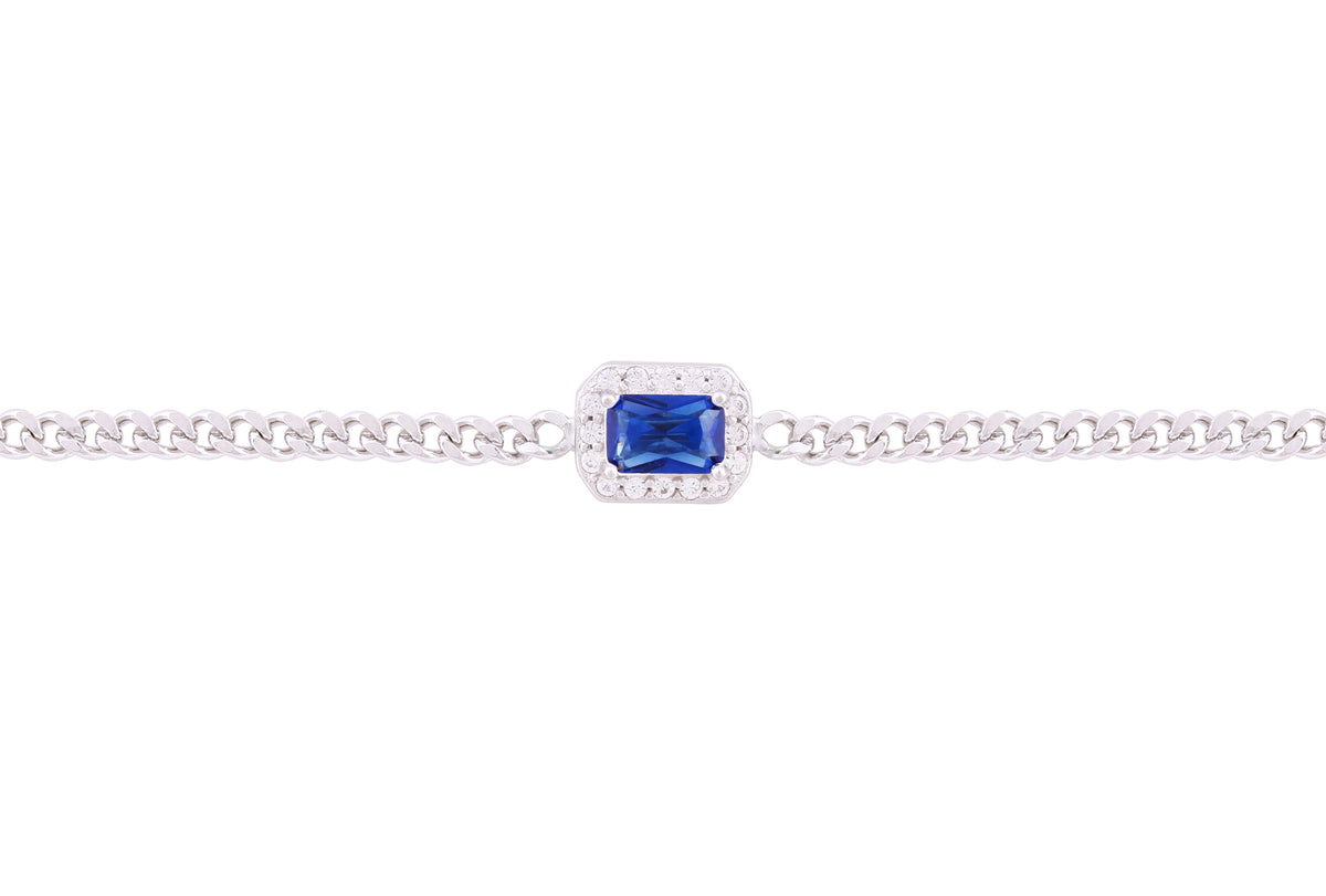 Asfour Crystal Curb Chain Bracelet With Halo Emerald Cut Blue Zircon In 925 Sterling Silver BM0027-B