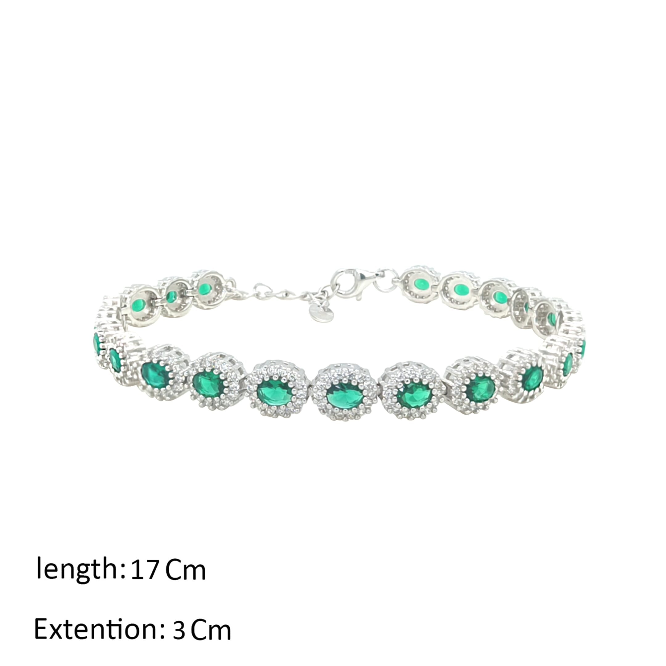 Asfour Crystal Tennis Bracelet With Emerald Oval Design In 925 Sterling Silver-BM0065-WG