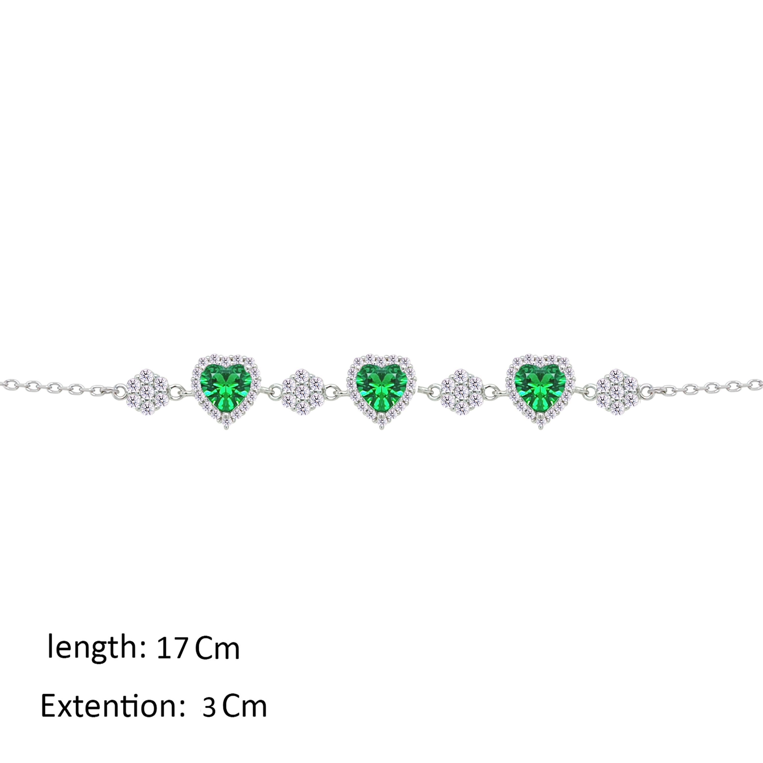 Asfour Crystal Chain Bracelet With Emerald Hearts Design In 925 Sterling Silver-BM0149-G