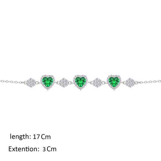 Asfour Crystal Chain Bracelet With Emerald Hearts Design In 925 Sterling Silver-BM0149-G