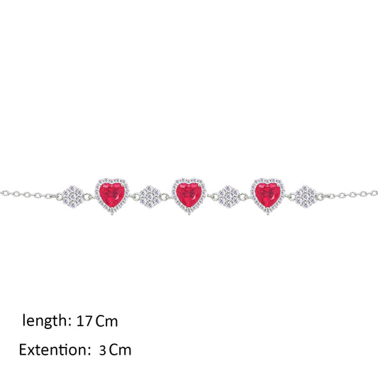 Asfour Crystal Chain Bracelet With Ruby Hearts Design In 925 Sterling Silver-BM0149-R