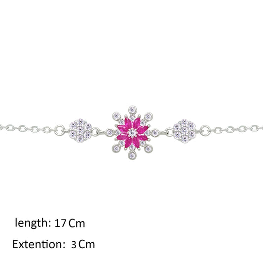 Asfour Crystal Chain Bracelet With Fuchsia Flower Design In 925 Sterling Silver-BM0157-WF