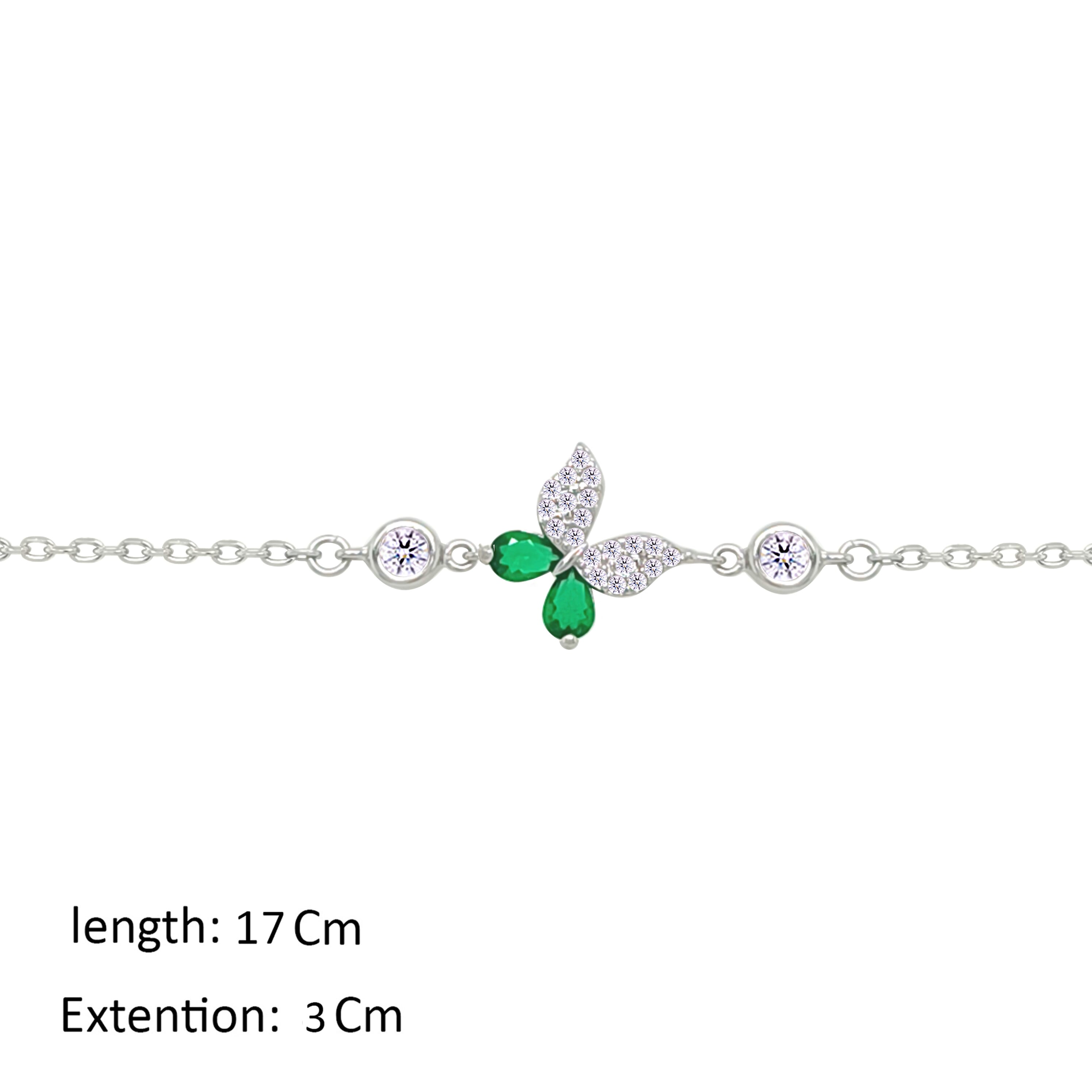 Asfour Crystal Chain Bracelet With Emerald Butterfly Design In 925 Sterling Silver-BM0161-WG
