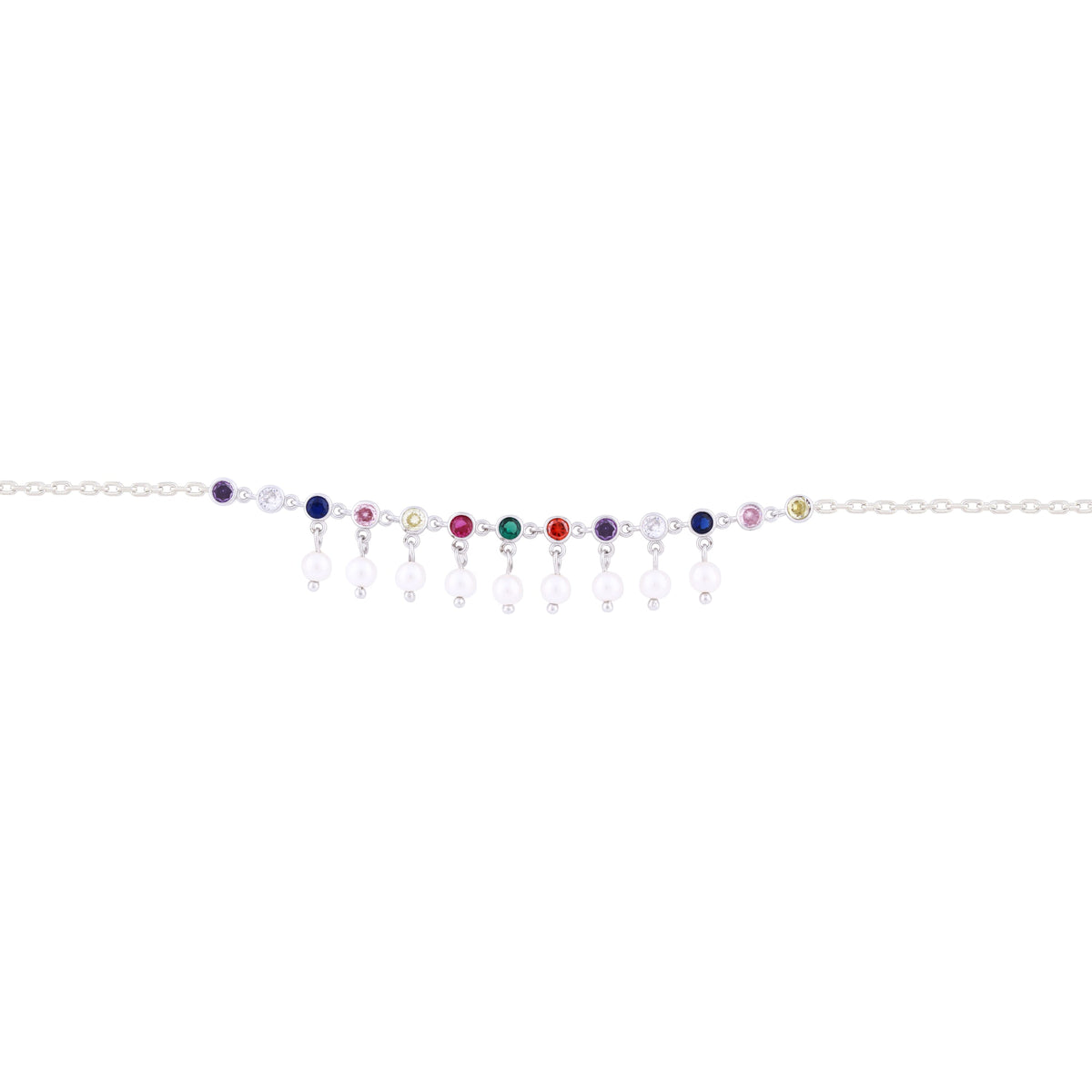 Asfour Crystal 925 Sterling Silver Chain Bracelet With Multi Color Stones