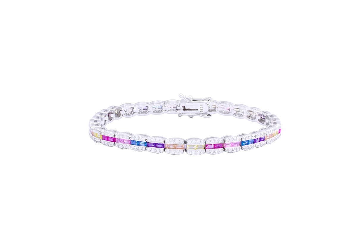 Asfour Tennis Bracelet Inlaid With Multi Color Baguette Stones In 925 Sterling Silver BR0465-K