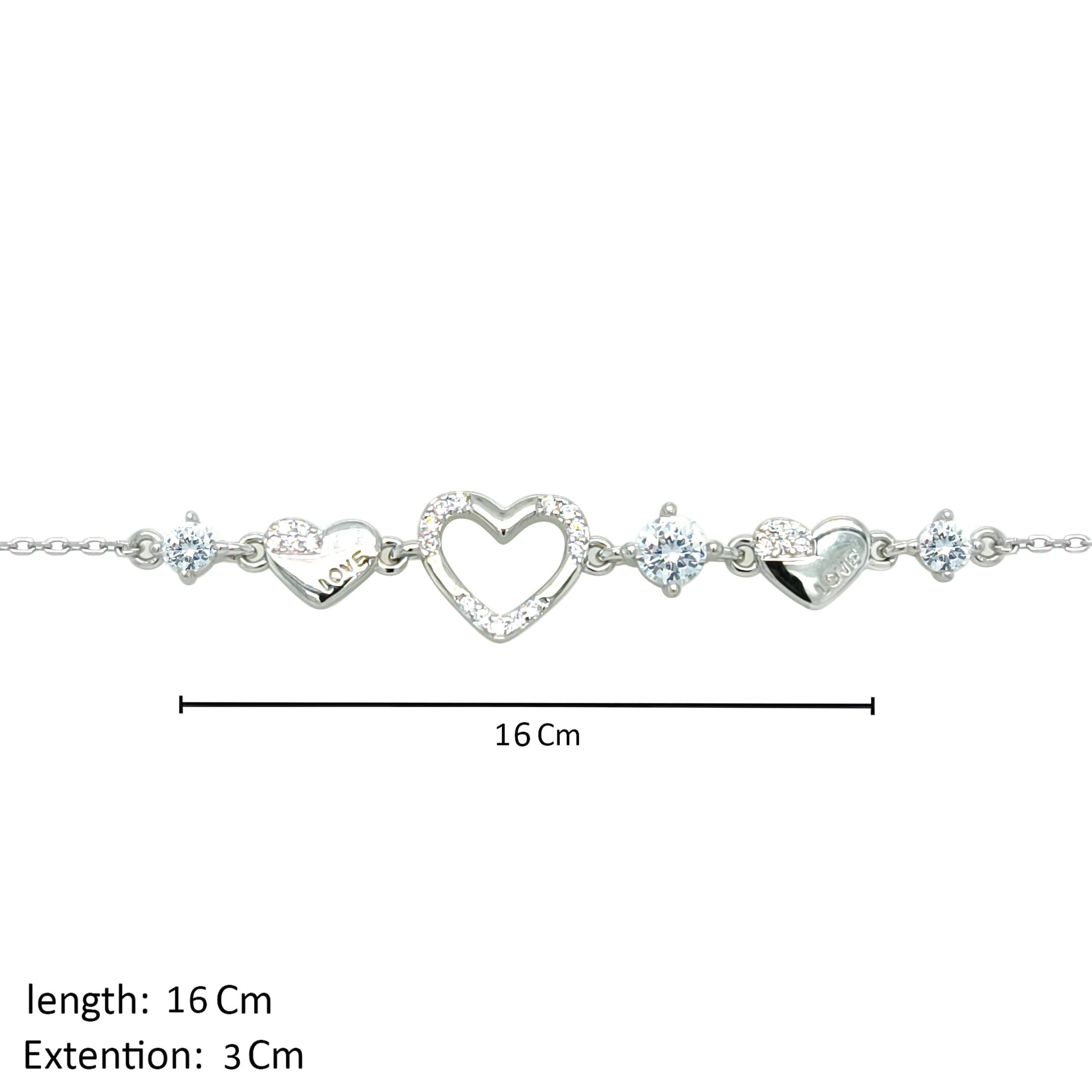 Asfour Crystal Chain Bracelet With Decorative Hearts Design In 925 Sterling Silver-BR0576